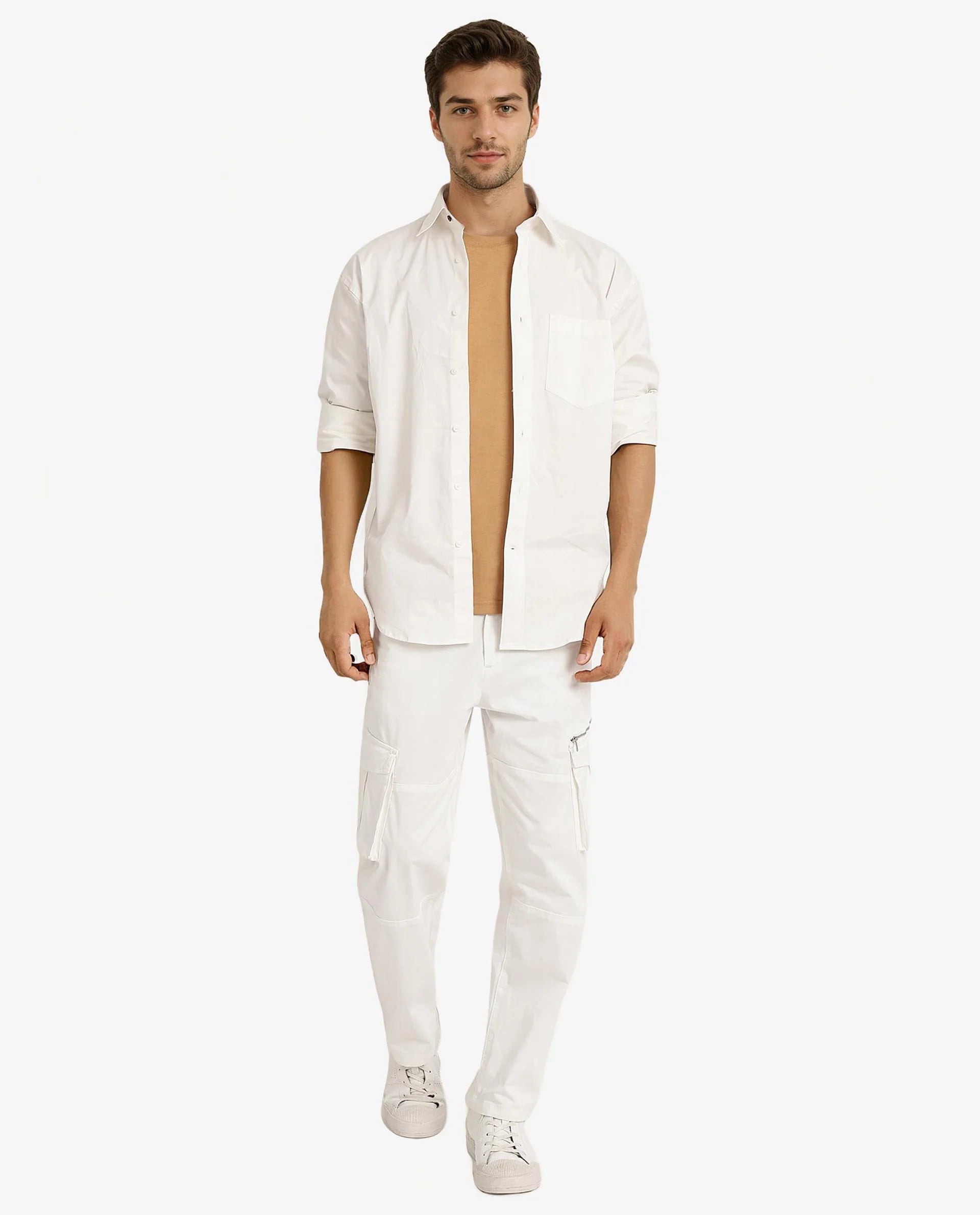 Rare Rabbit Men's Crofty White Cotton Lycra Fabric Full Sleeves Collared Neck Regular Fit Plain Shirt