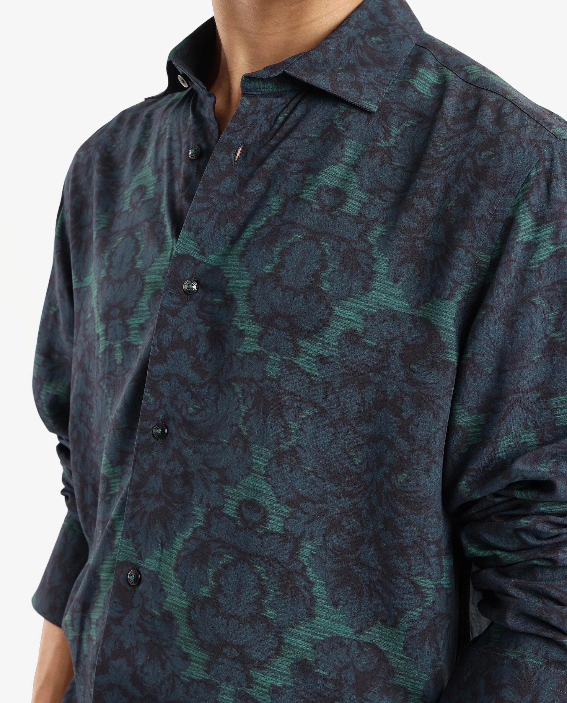 Rare Rabbit Men Crux-1 Dark Green Full Sleeve Regular Fit Shirt