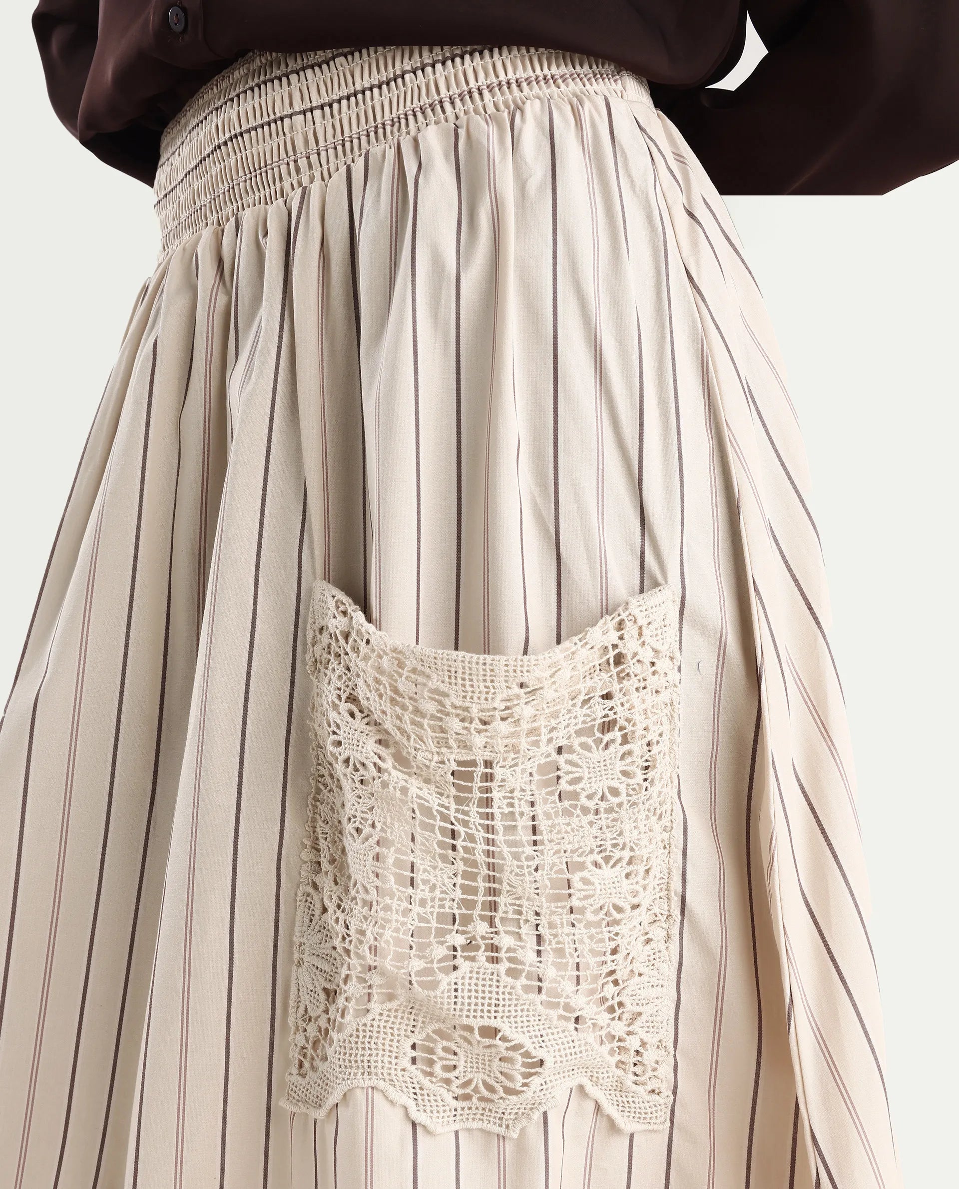 Rareism Women's Cuba-B Light Beige Cotton Plain Midi Flared Skirt