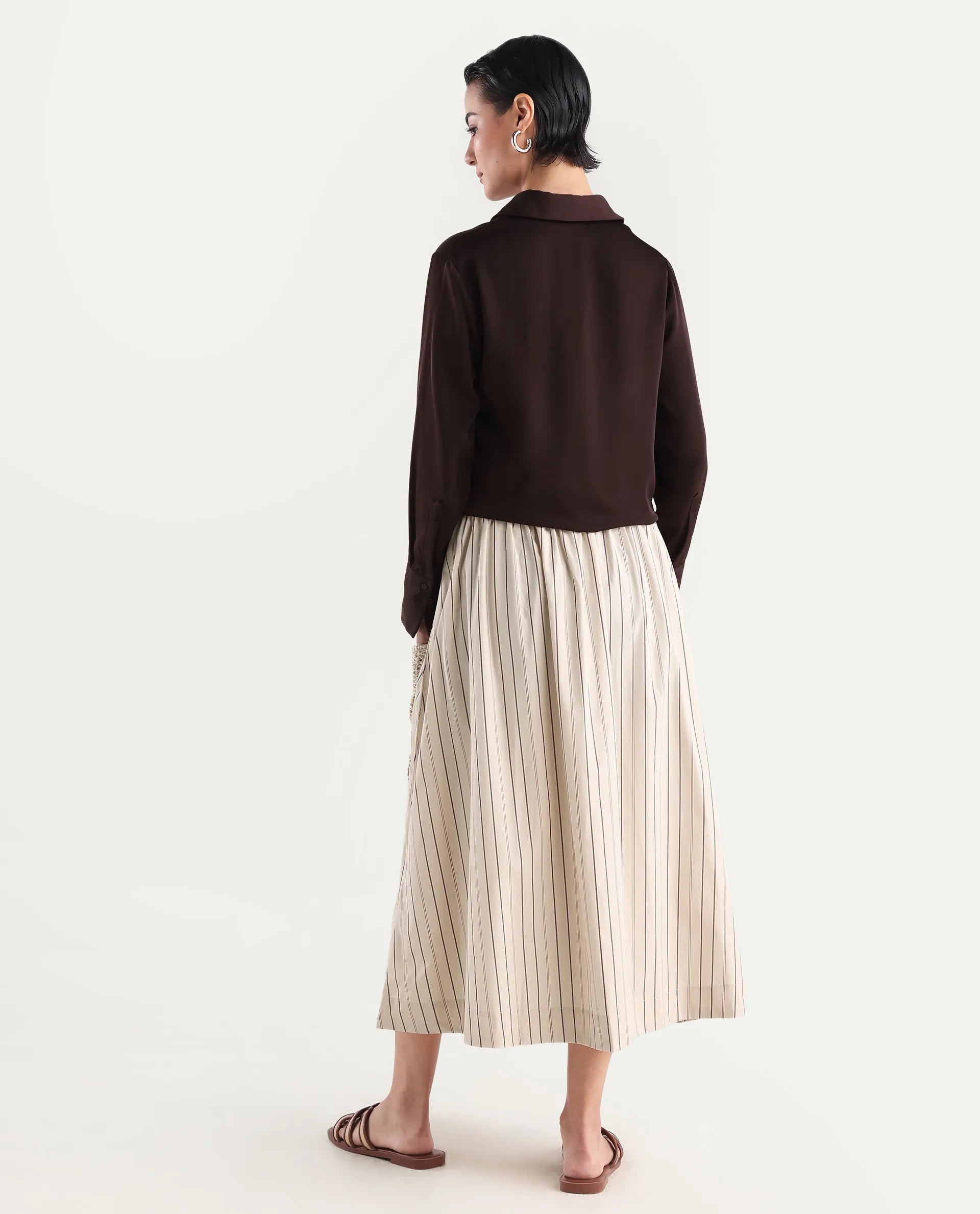 Rareism Women's Cuba-B Light Beige Cotton Plain Midi Flared Skirt