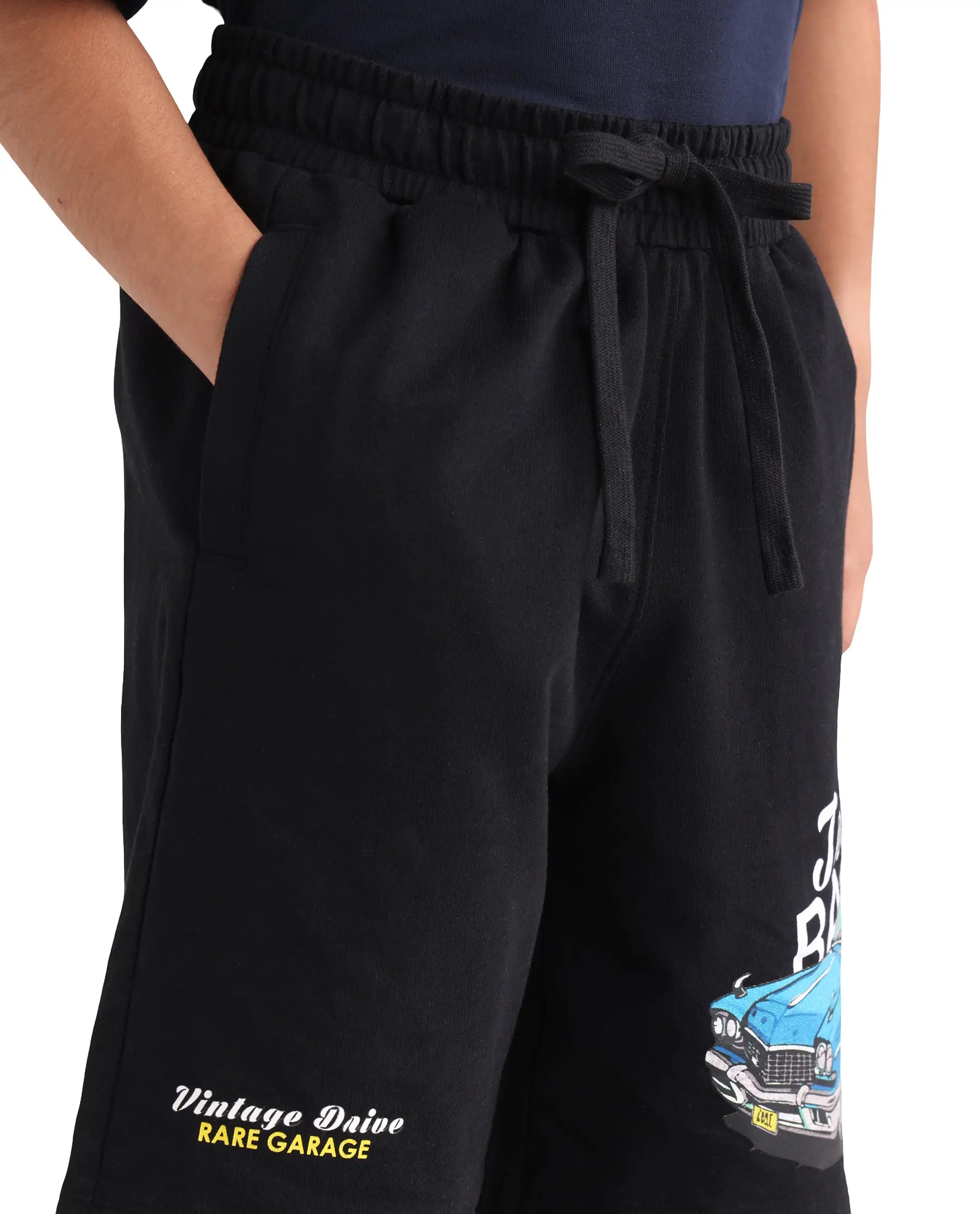 Rare Ones Kids Cubi-B Black Cotton Fabric Drawstring Closure Digital Print Regular Fit Shorts