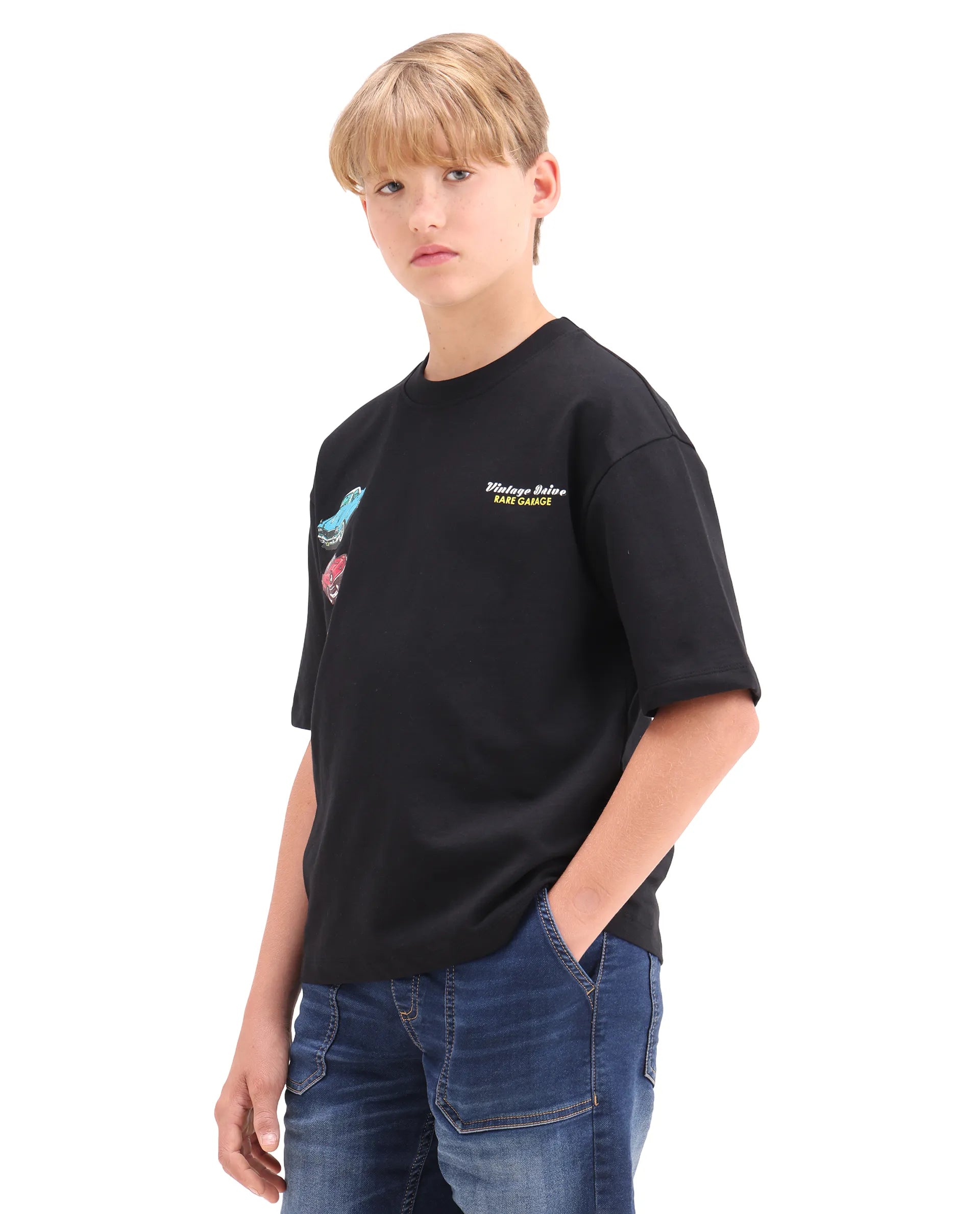 Rare Ones Kids Cubi Black Cotton Pull-On Closure Digital Print Oversized Fit T-Shirt