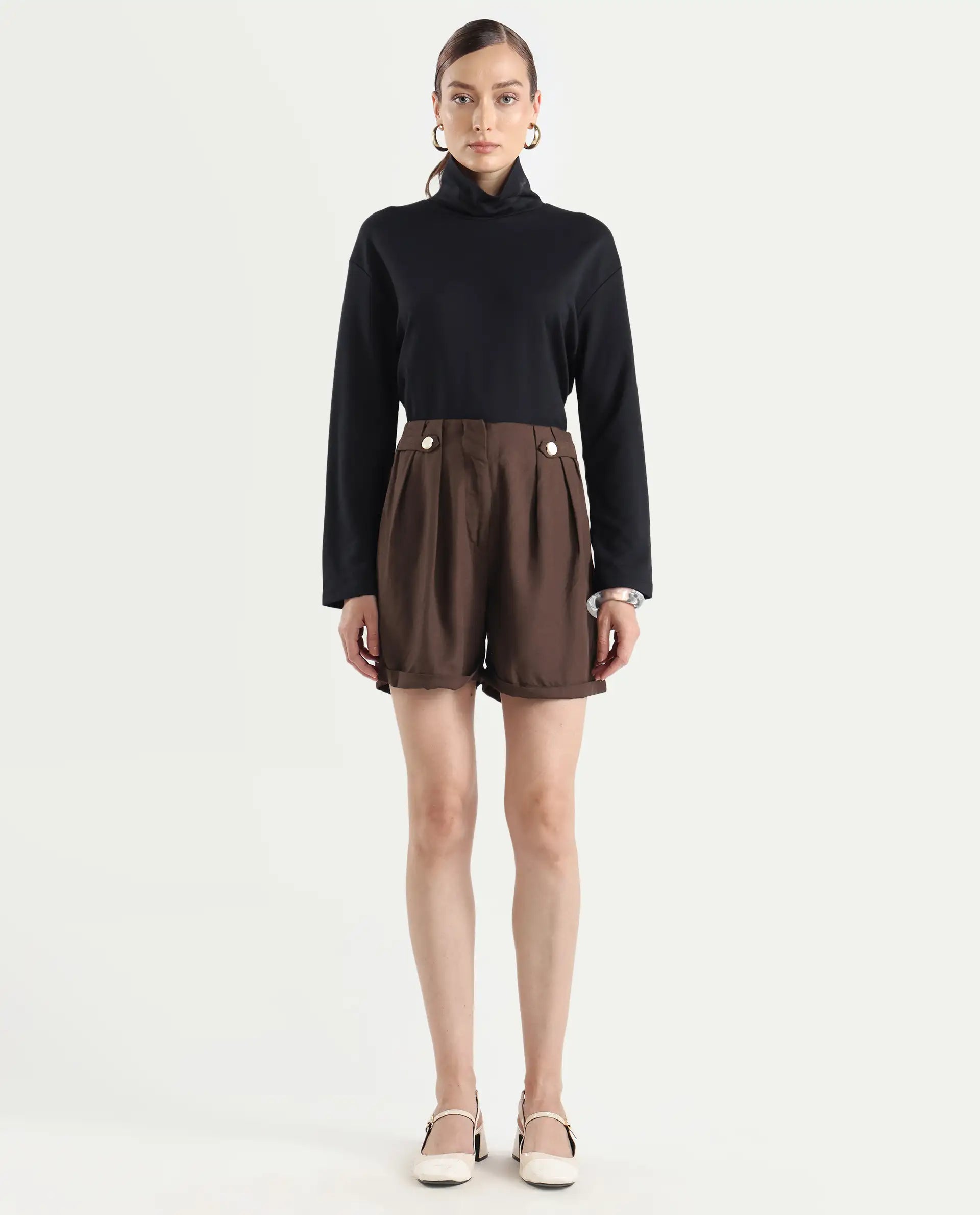 Rareism Women's Cunelo Brown Viscose Blend Plain Mini Regular Fit Shorts