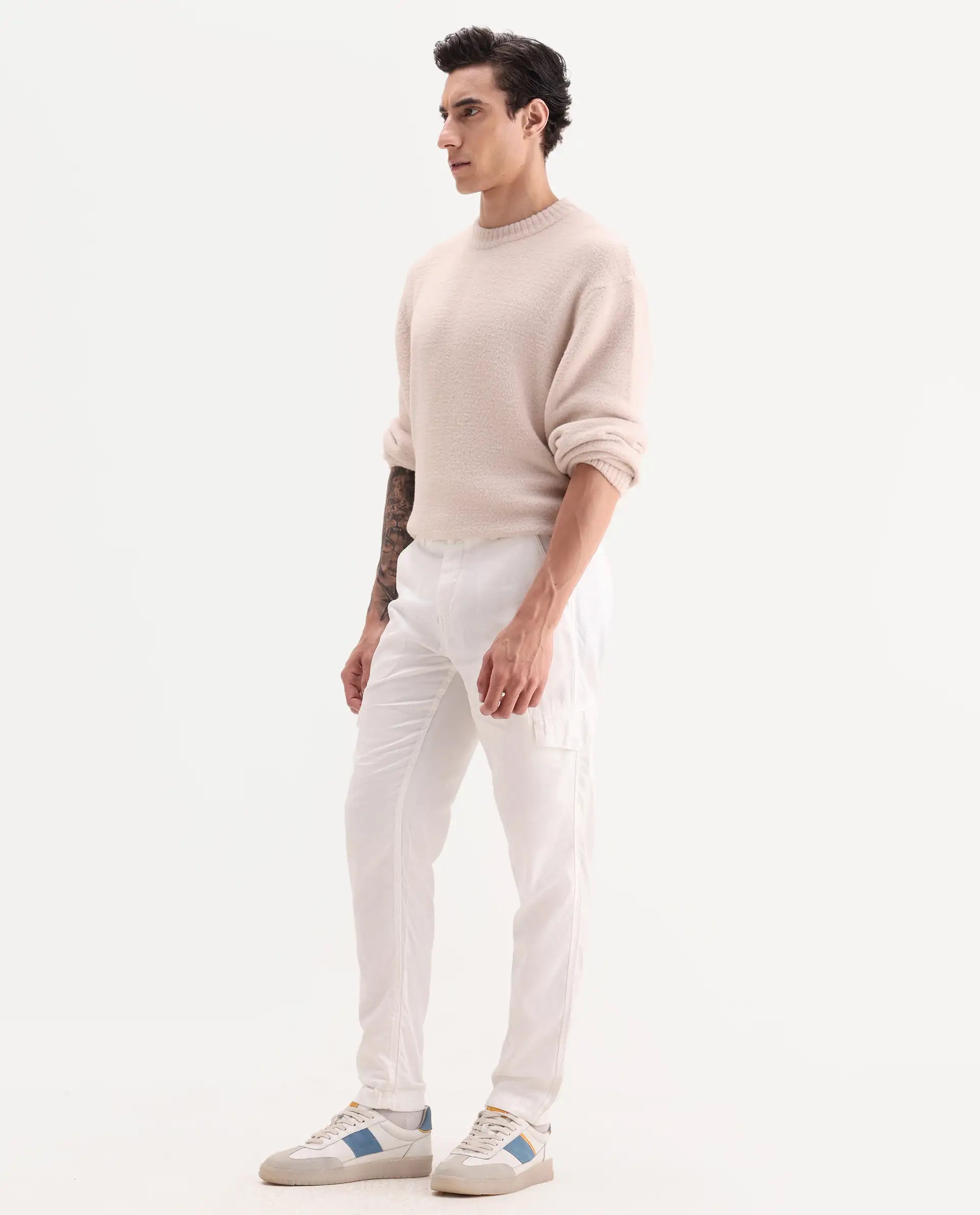 Rare Rabbit Men's Curon Off White Cotton Plain Regular Fit Trouser