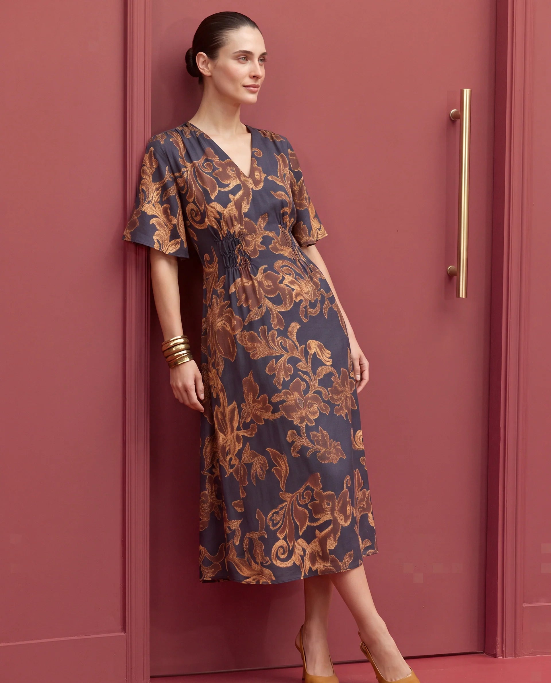 Rareism Women's Dacro Brown Viscose Blend V-Neck Pull-On Fit And Flare Floral Print Dress