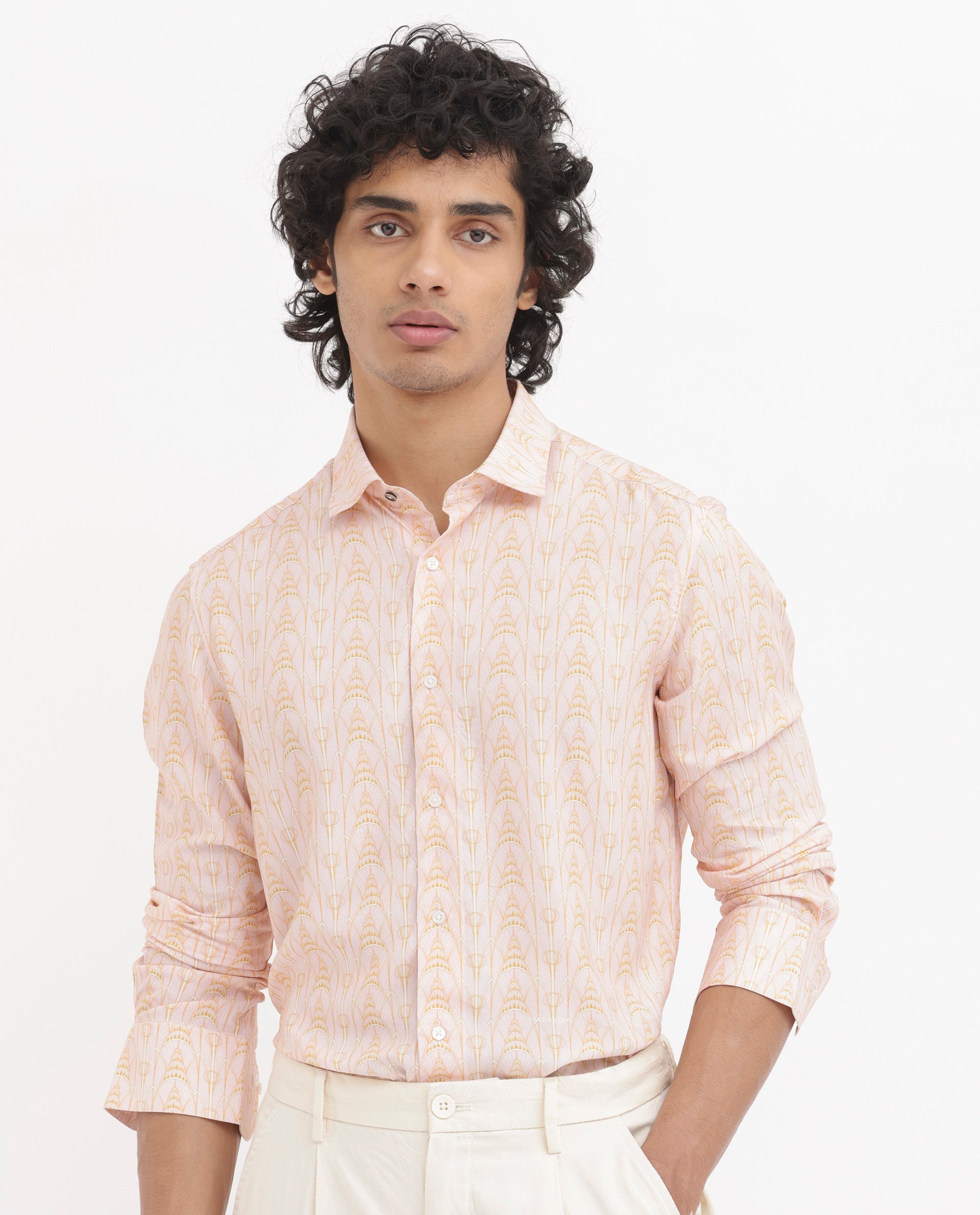 Rare Rabbit Mens Dalime Pastel Pink Viscose Fabric Full Sleeves Geometric Print Shirt