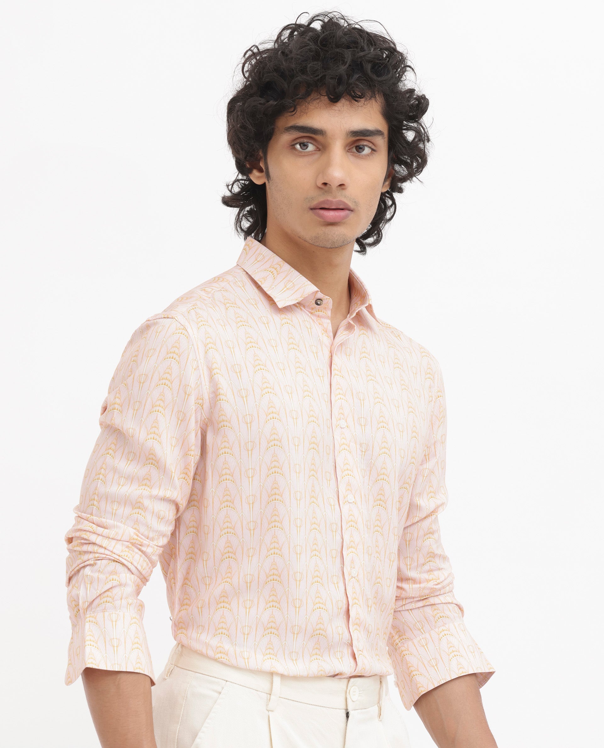Rare Rabbit Mens Dalime Pastel Pink Viscose Fabric Full Sleeves Geometric Print Shirt