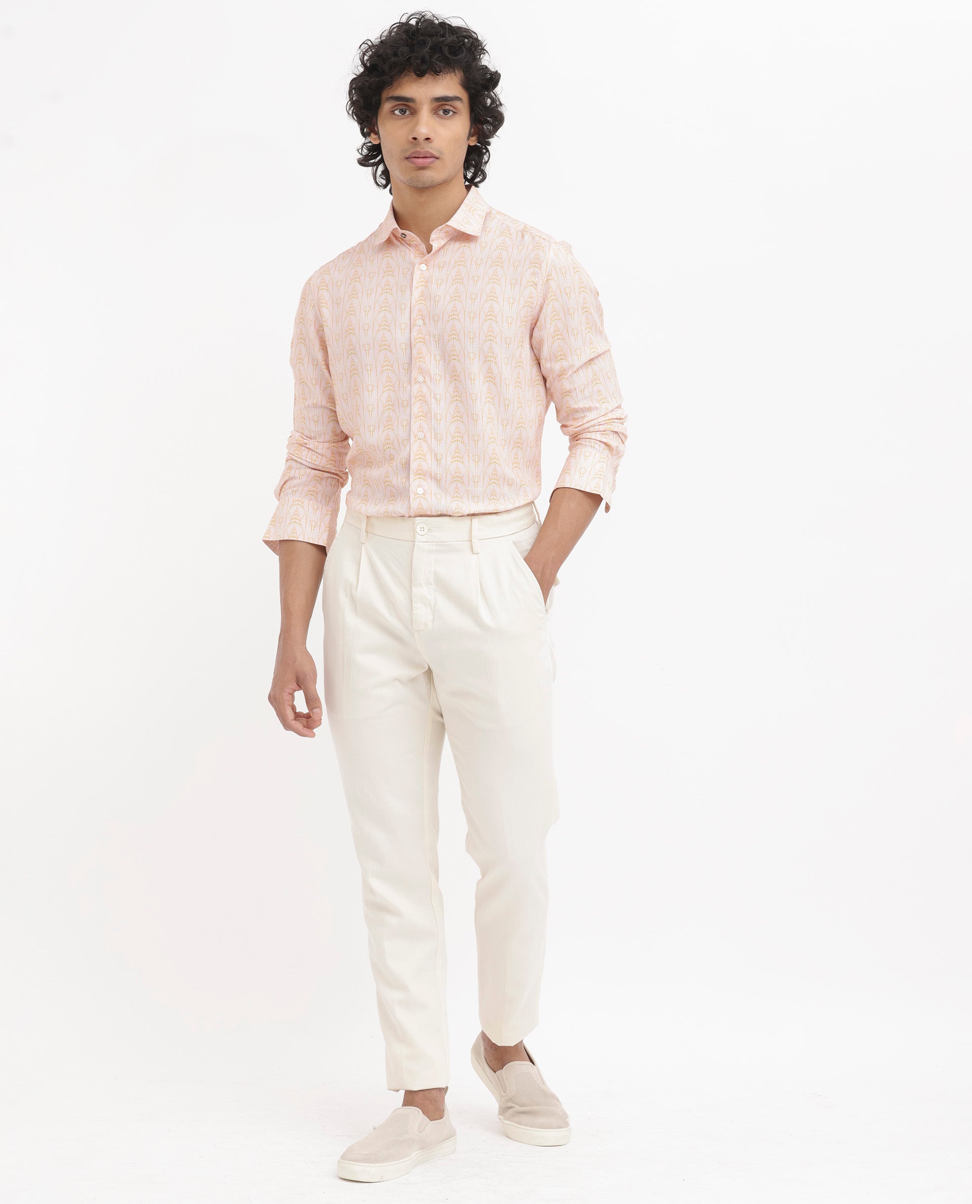 Rare Rabbit Mens Dalime Pastel Pink Viscose Fabric Full Sleeves Geometric Print Shirt