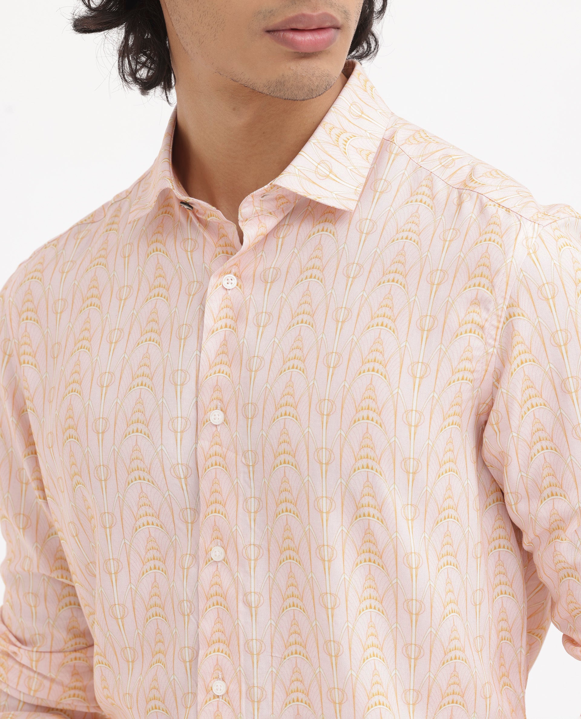 Rare Rabbit Mens Dalime Pastel Pink Viscose Fabric Full Sleeves Geometric Print Shirt