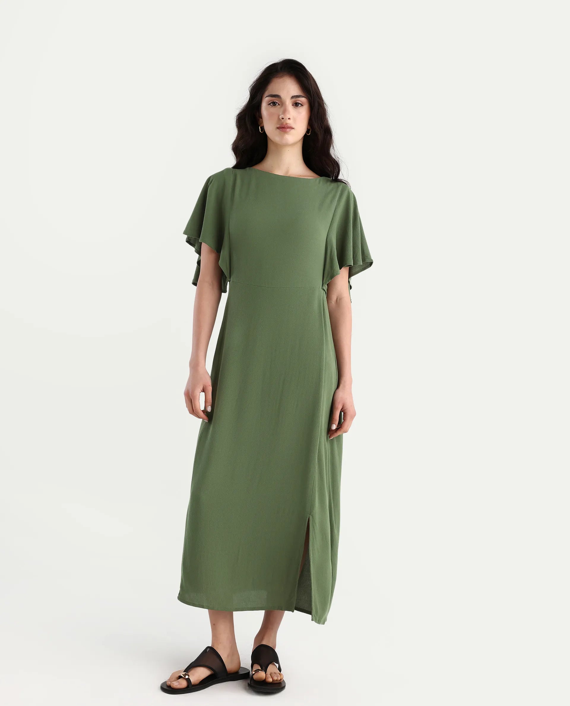 Rareism Women's Dana Green Crew Neck Plain Ruffled Sleeve Midi Fit And Flare Dress