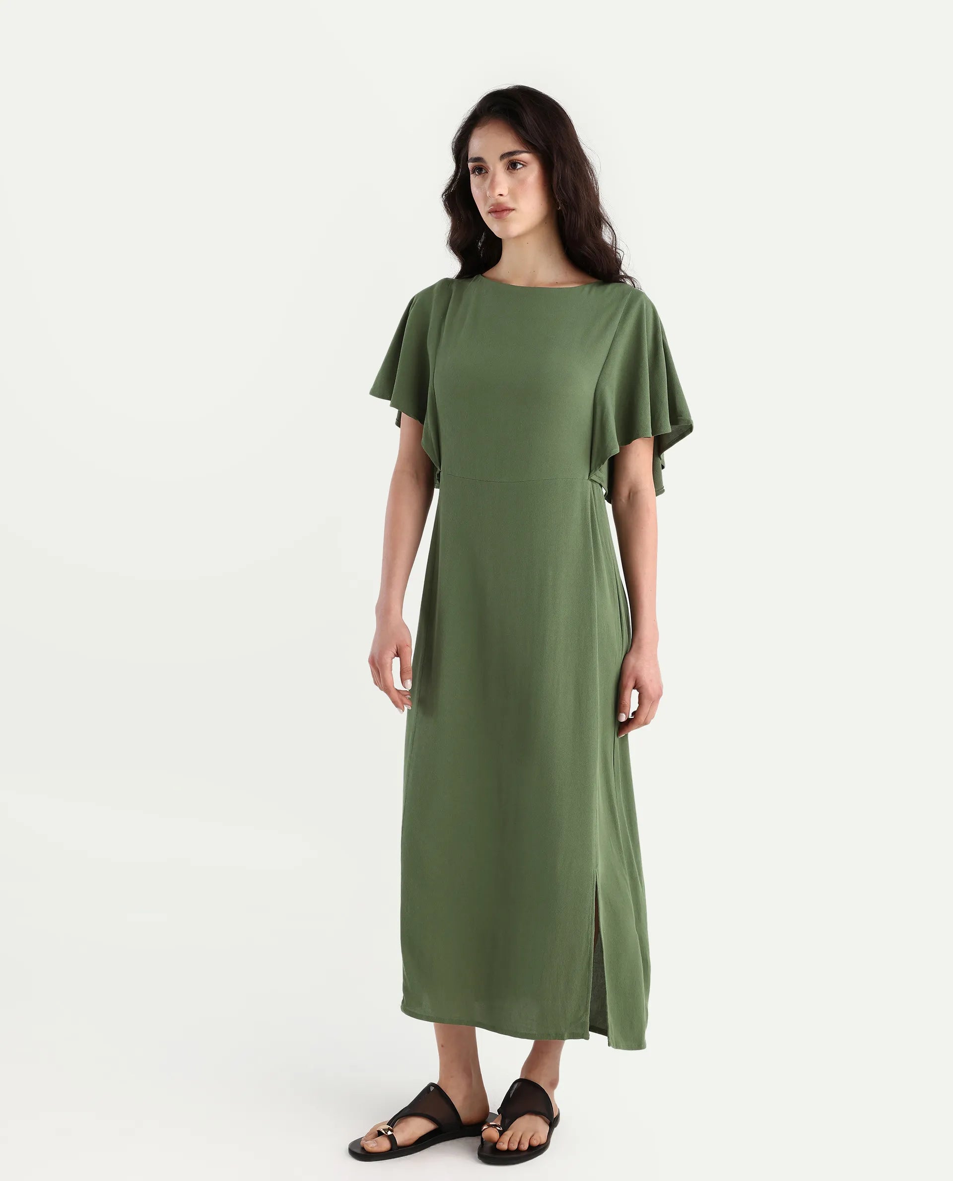 Rareism Women's Dana Green Crew Neck Plain Ruffled Sleeve Midi Fit And Flare Dress