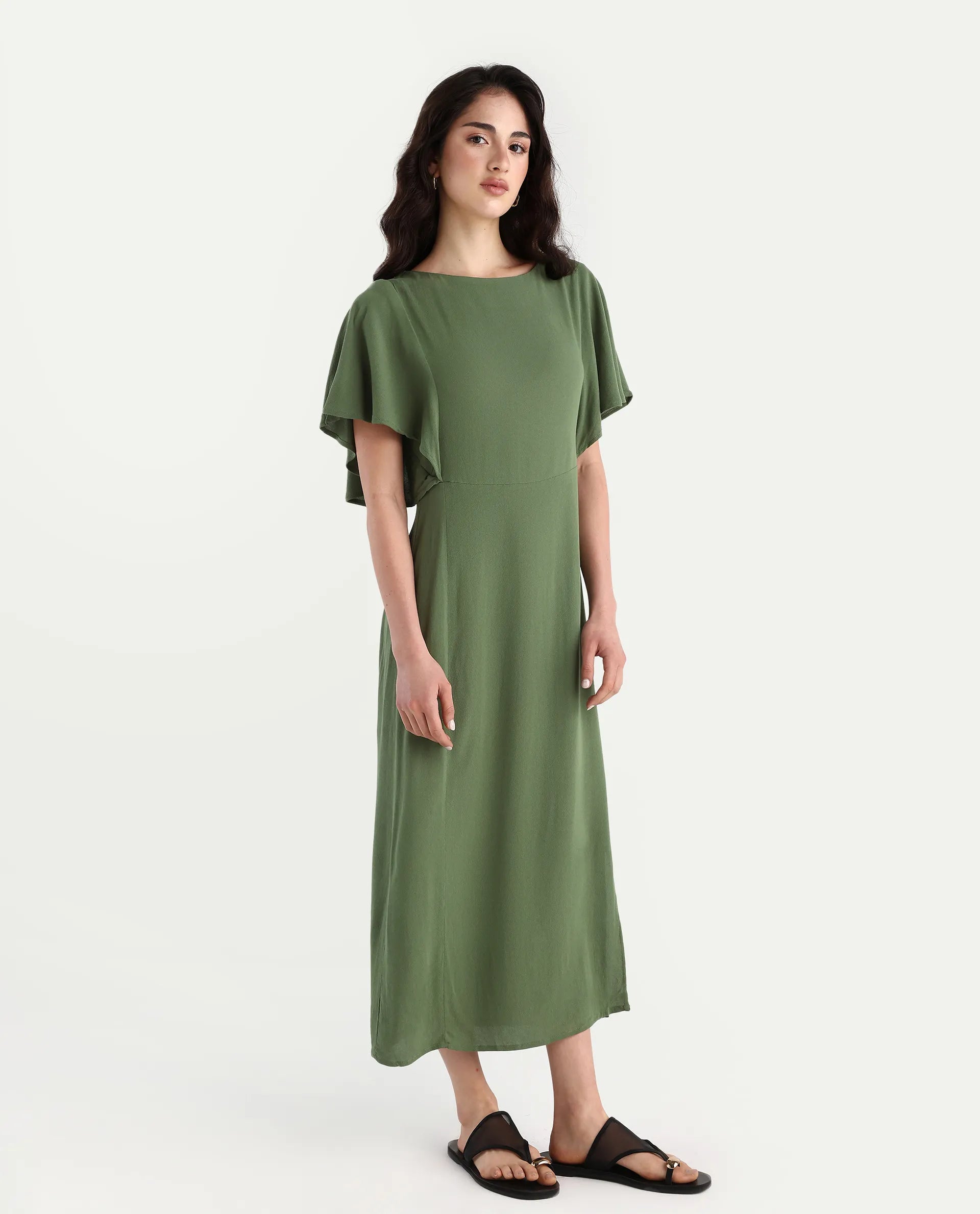 Rareism Women's Dana Green Crew Neck Plain Ruffled Sleeve Midi Fit And Flare Dress