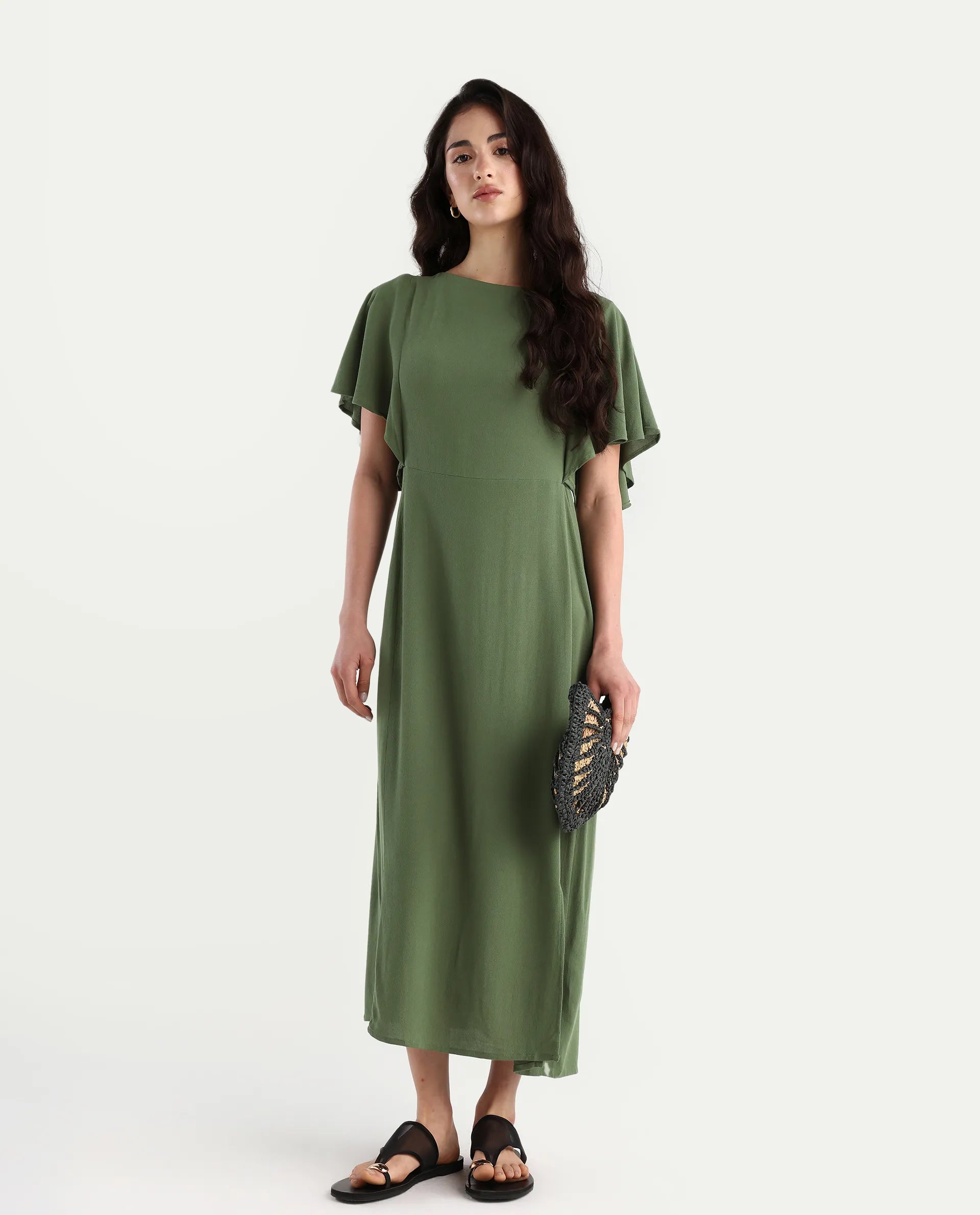 Rareism Women's Dana Green Crew Neck Plain Ruffled Sleeve Midi Fit And Flare Dress