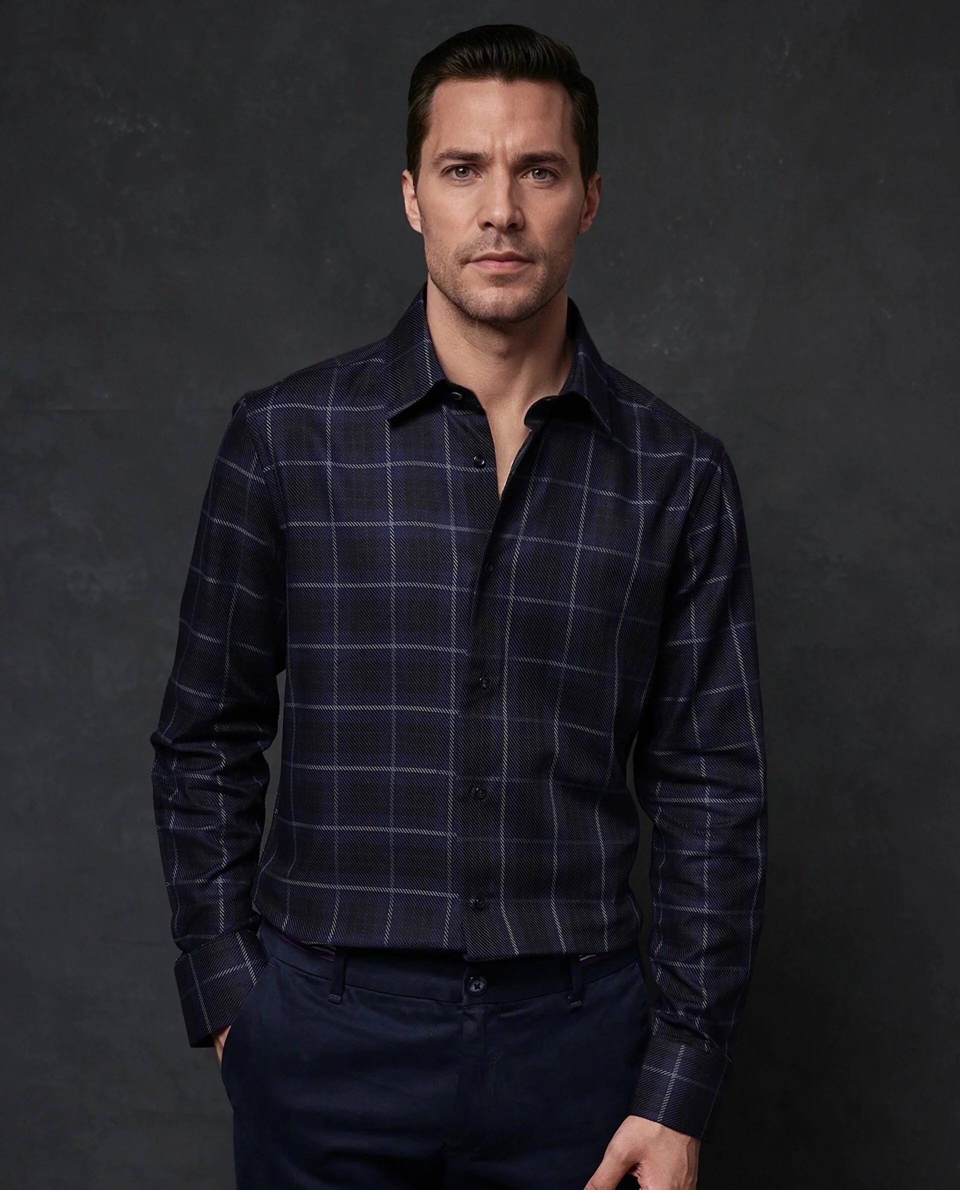 Rare Rabbit Men Dany Navy Full Sleeve Regular Collar Button Closure Regular Fit Checks Shirt