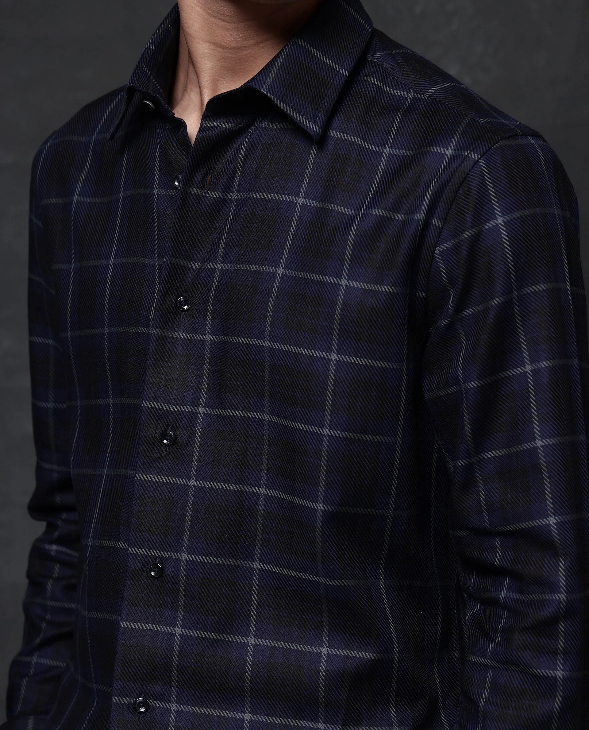 Rare Rabbit Men Dany Navy Full Sleeve Regular Collar Button Closure Regular Fit Checks Shirt