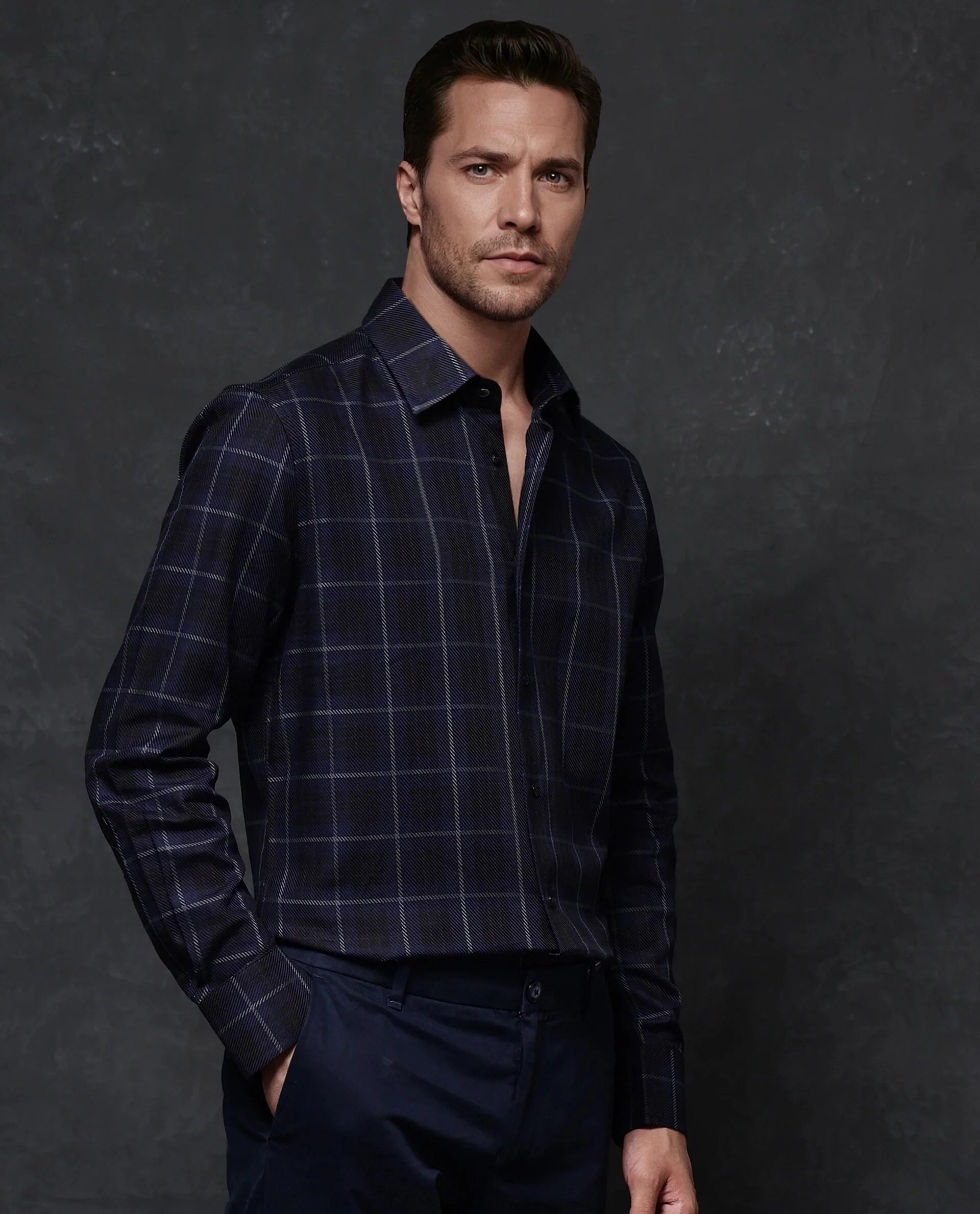 Rare Rabbit Men Dany Navy Full Sleeve Regular Collar Button Closure Regular Fit Checks Shirt