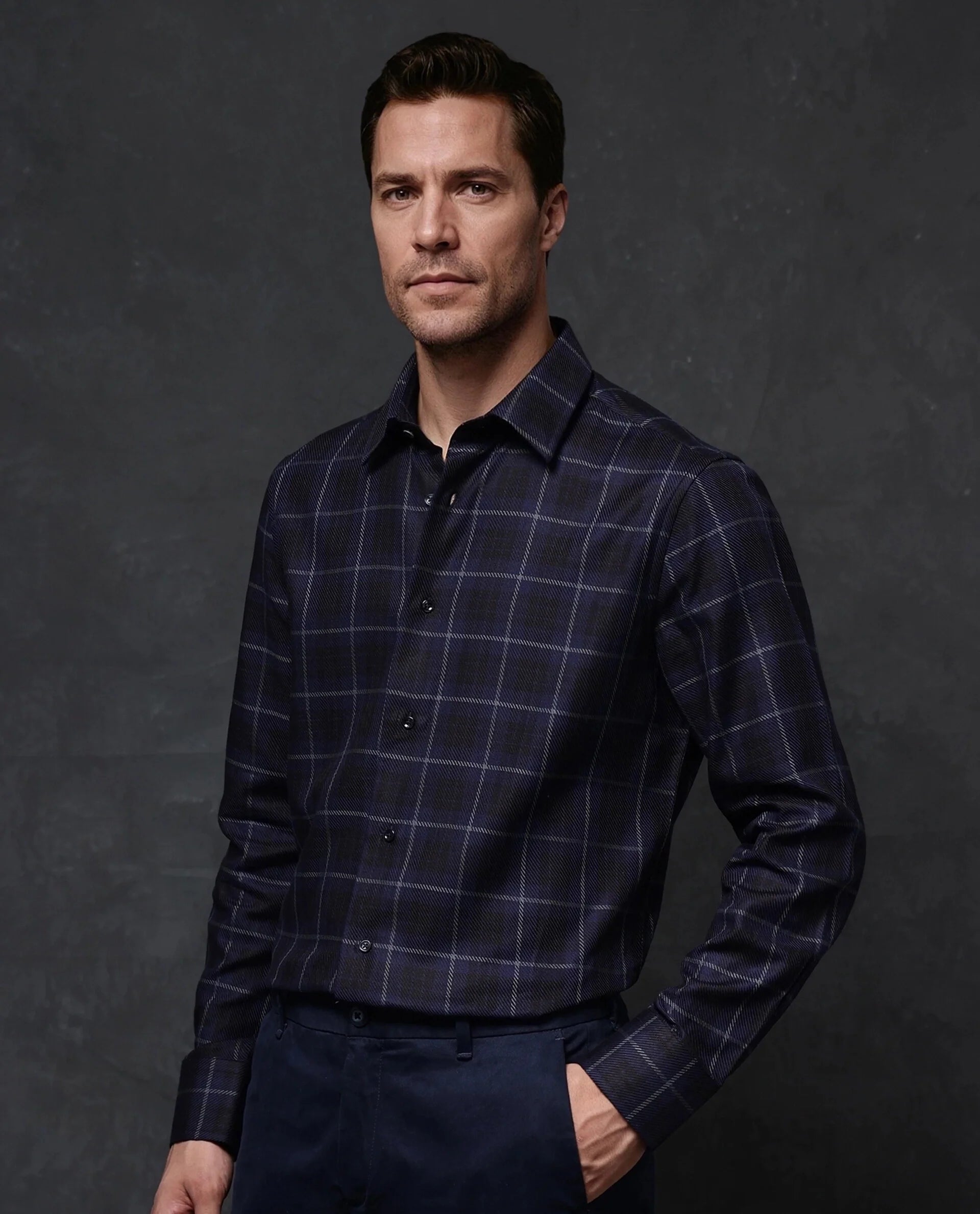 Rare Rabbit Men Dany Navy Full Sleeve Regular Collar Button Closure Regular Fit Checks Shirt