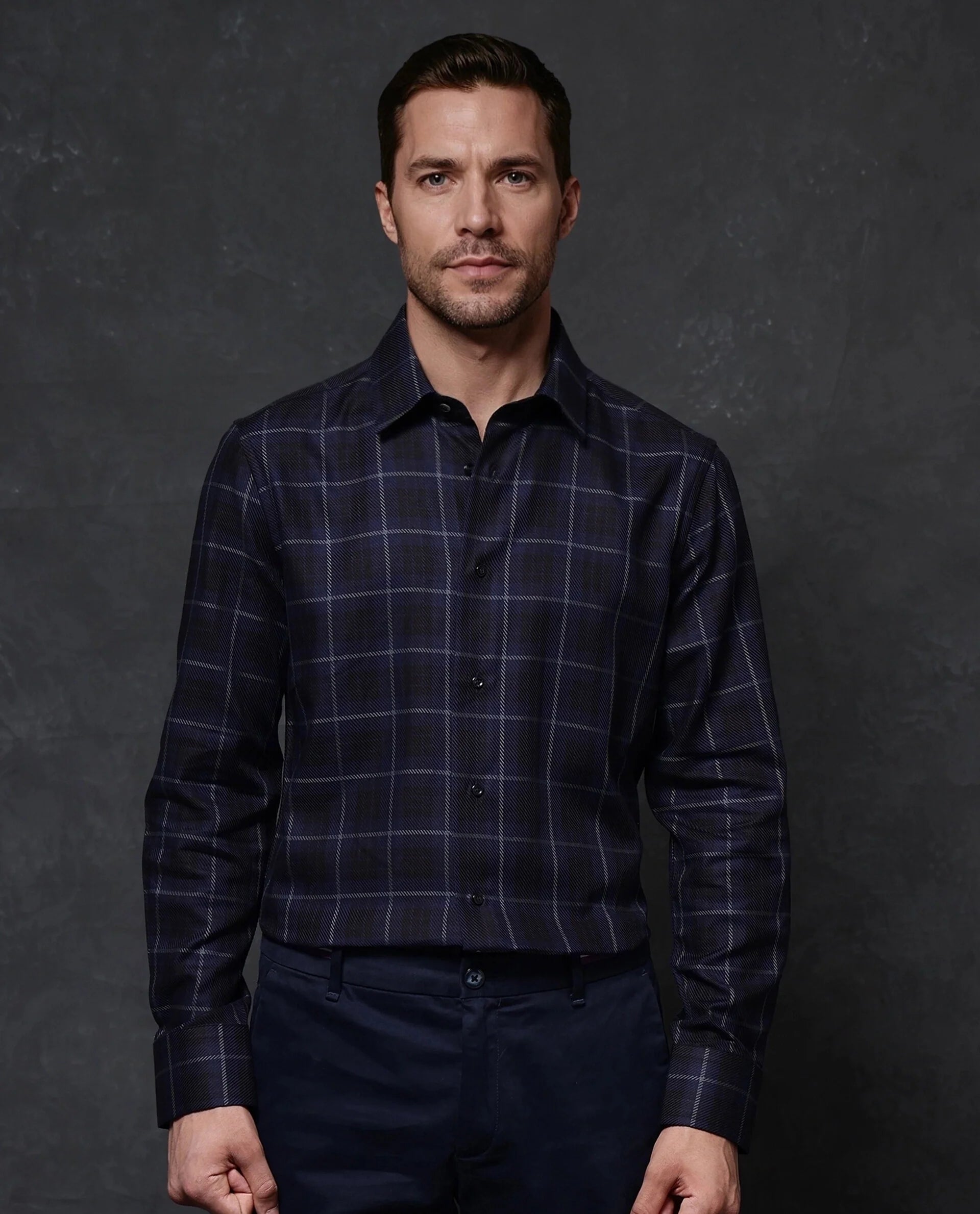 Rare Rabbit Men Dany Navy Full Sleeve Regular Collar Button Closure Regular Fit Checks Shirt