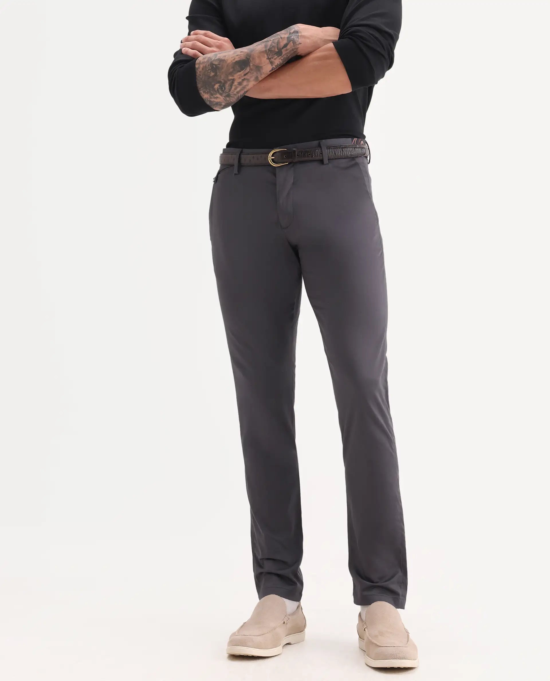 Rare Rabbit Men's Daron Grey Cotton Plain Regular Fit Trouser