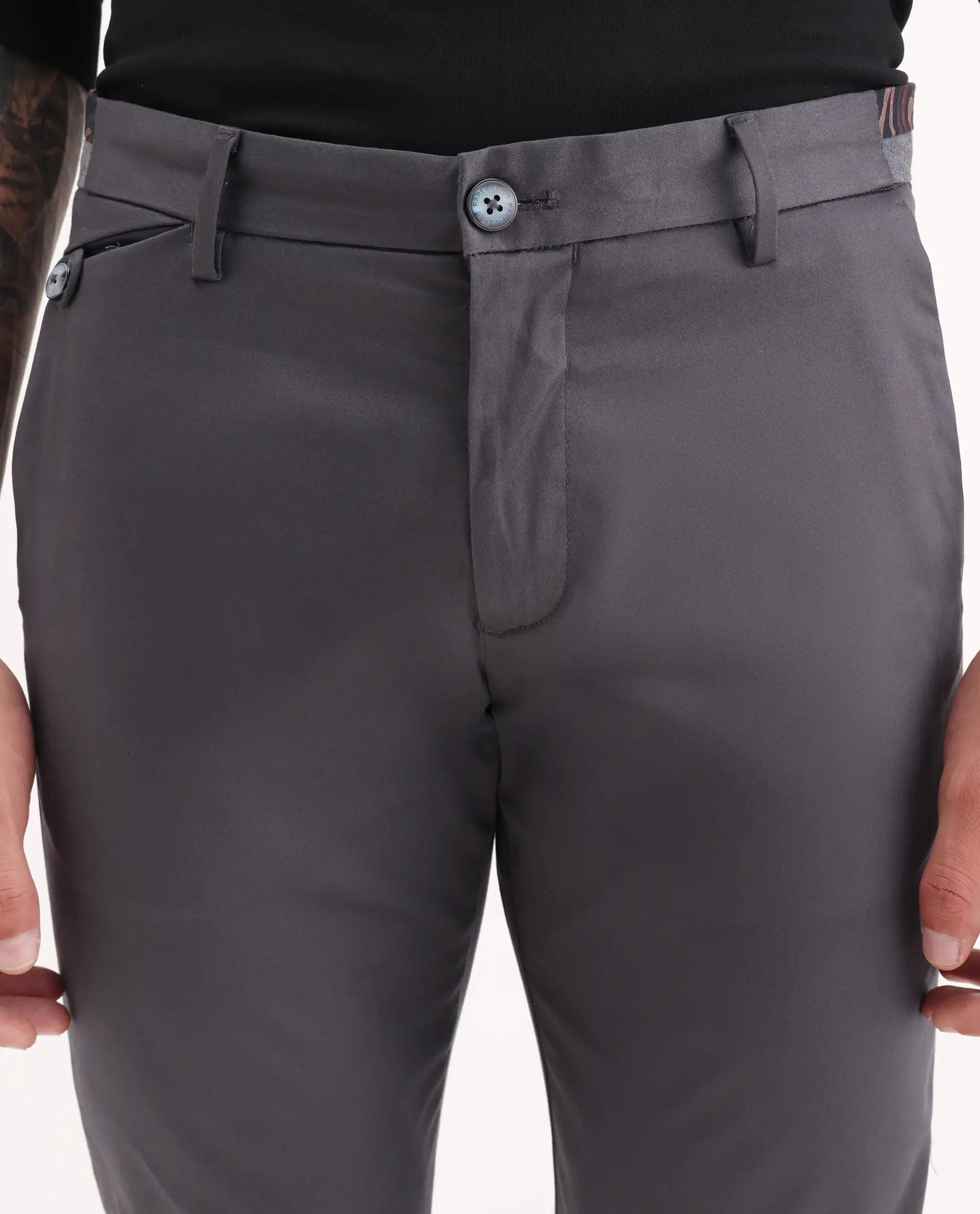 Rare Rabbit Men's Daron Grey Cotton Plain Regular Fit Trouser