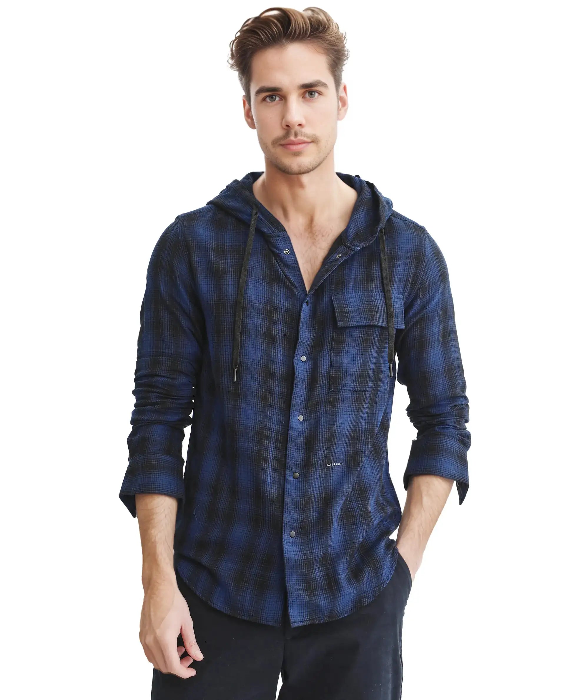 Rare Rabbit Men's Dartmouth Navy Cotton Checked Print Oversized Fit Full Sleeve Hooded Shirt