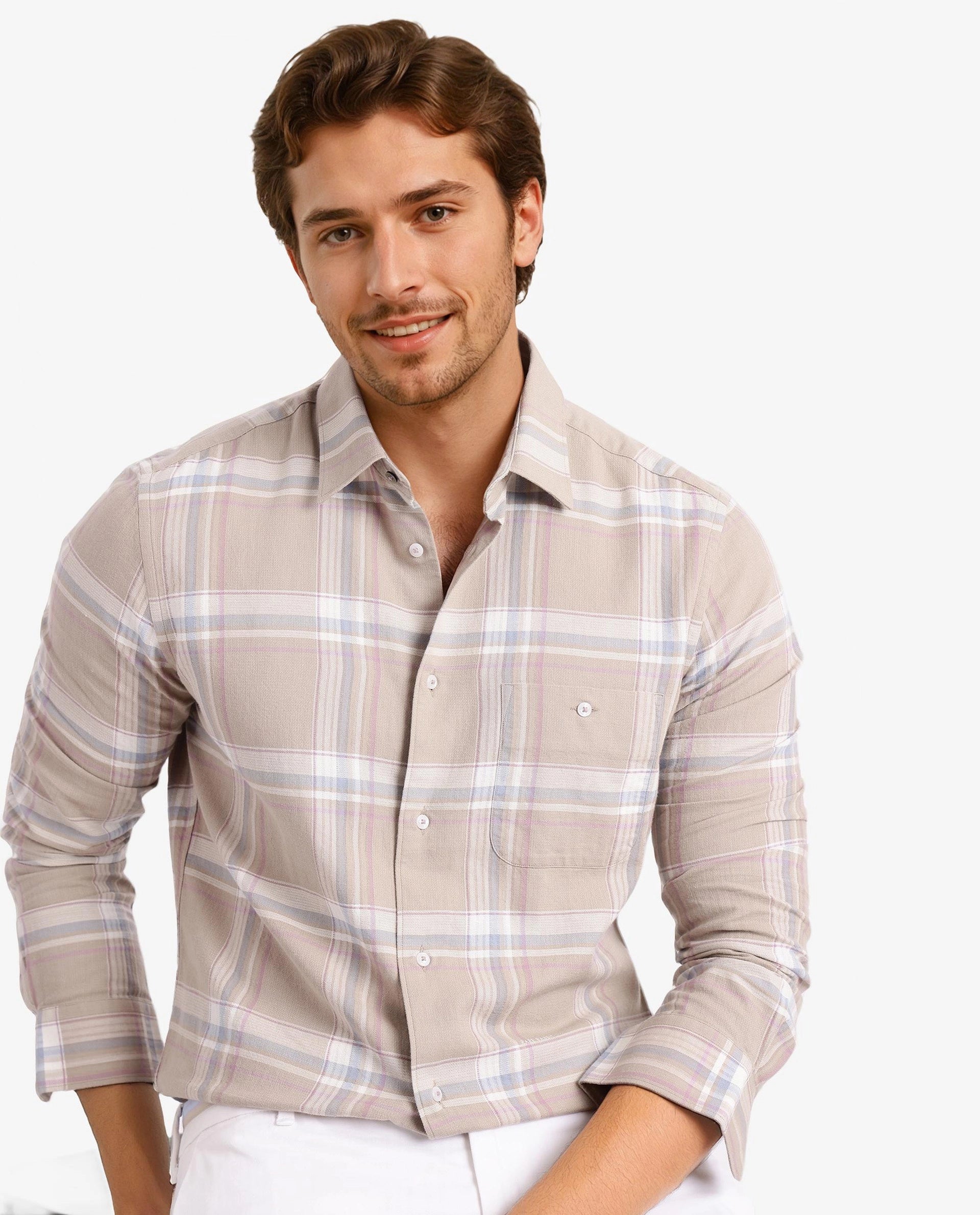 Rare Rabbit Men Davi Beige Cotton Full Sleeve Regular Collar Button Closure Regular Fit Checks Shirt