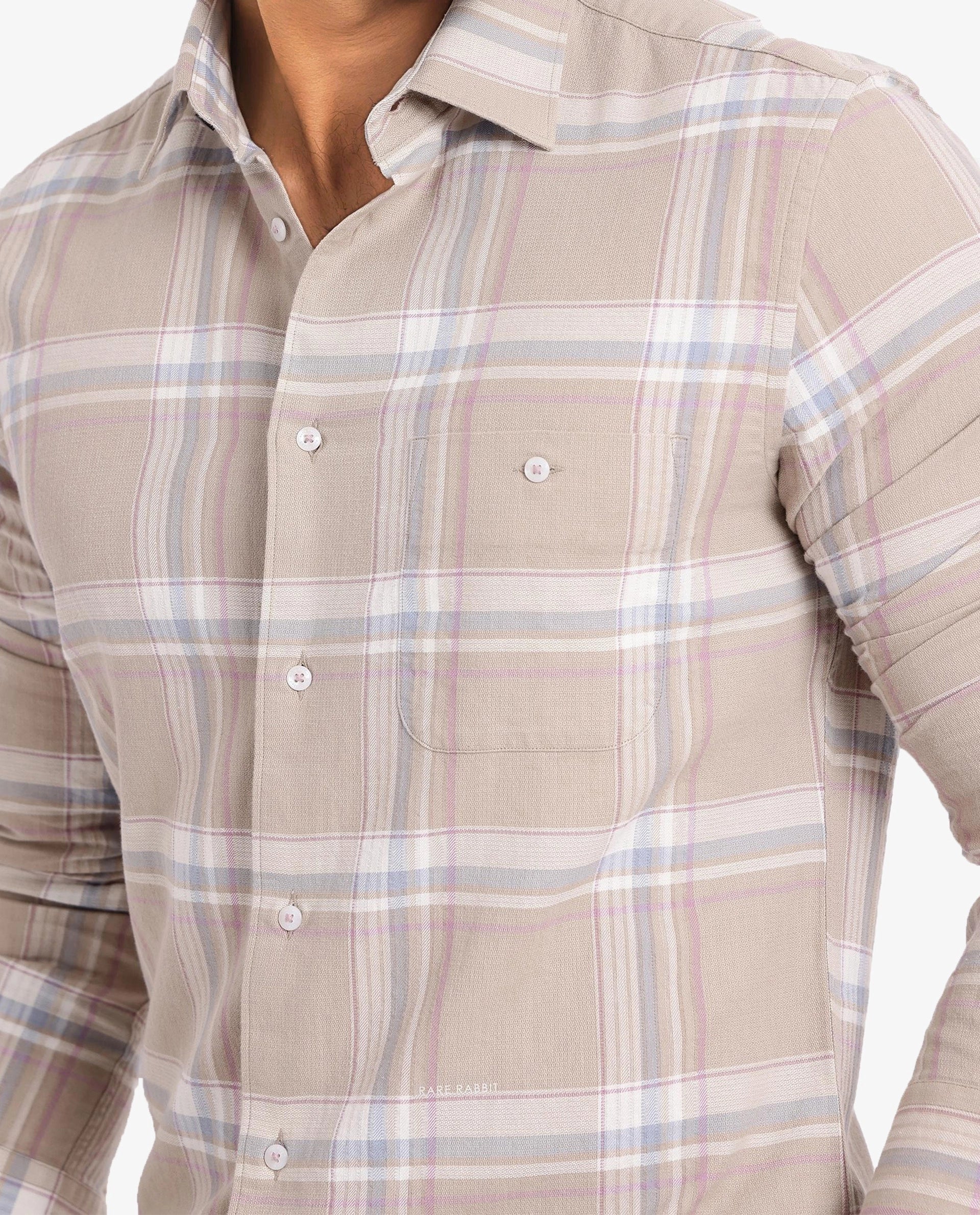 Rare Rabbit Men Davi Beige Cotton Full Sleeve Regular Collar Button Closure Regular Fit Checks Shirt