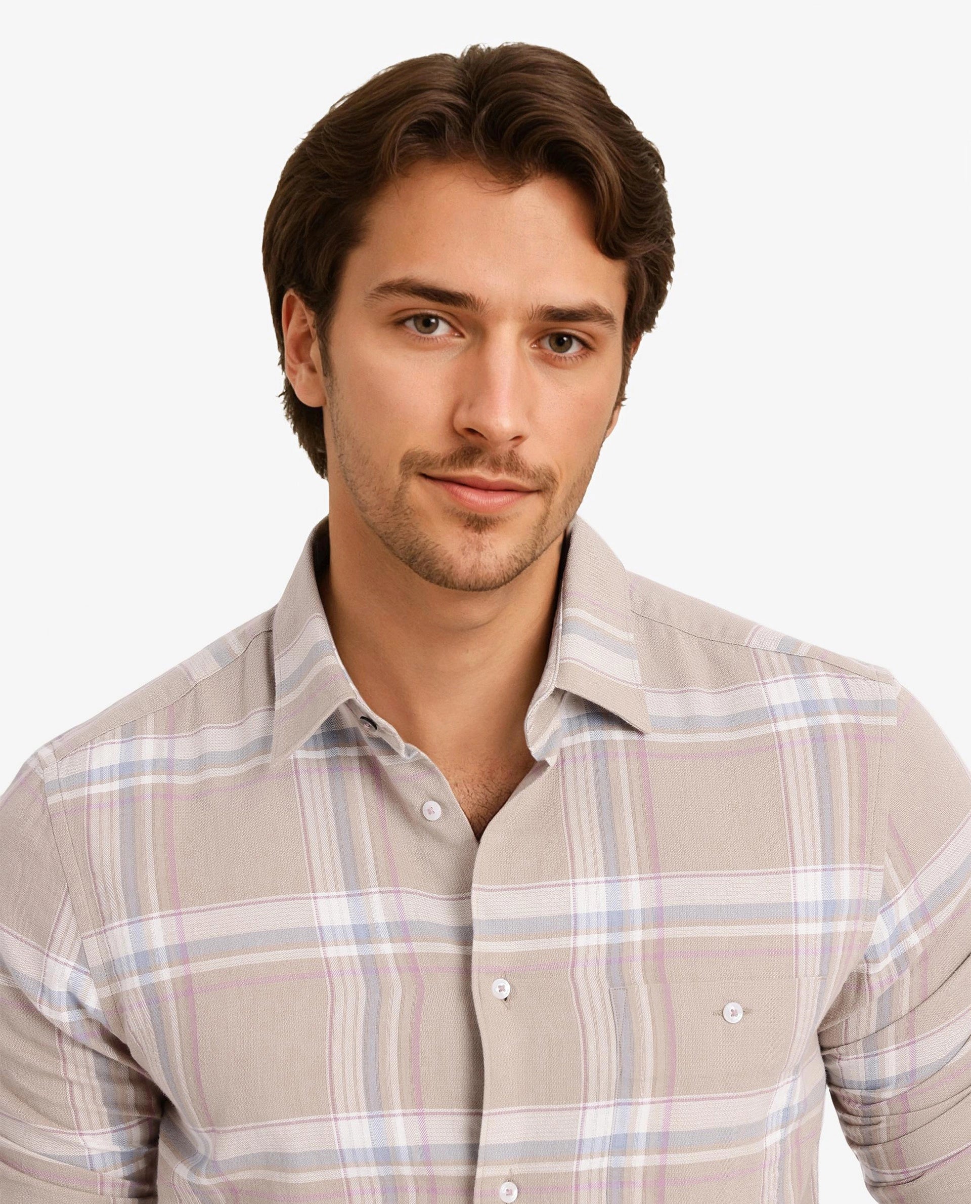 Rare Rabbit Men Davi Beige Cotton Full Sleeve Regular Collar Button Closure Regular Fit Checks Shirt