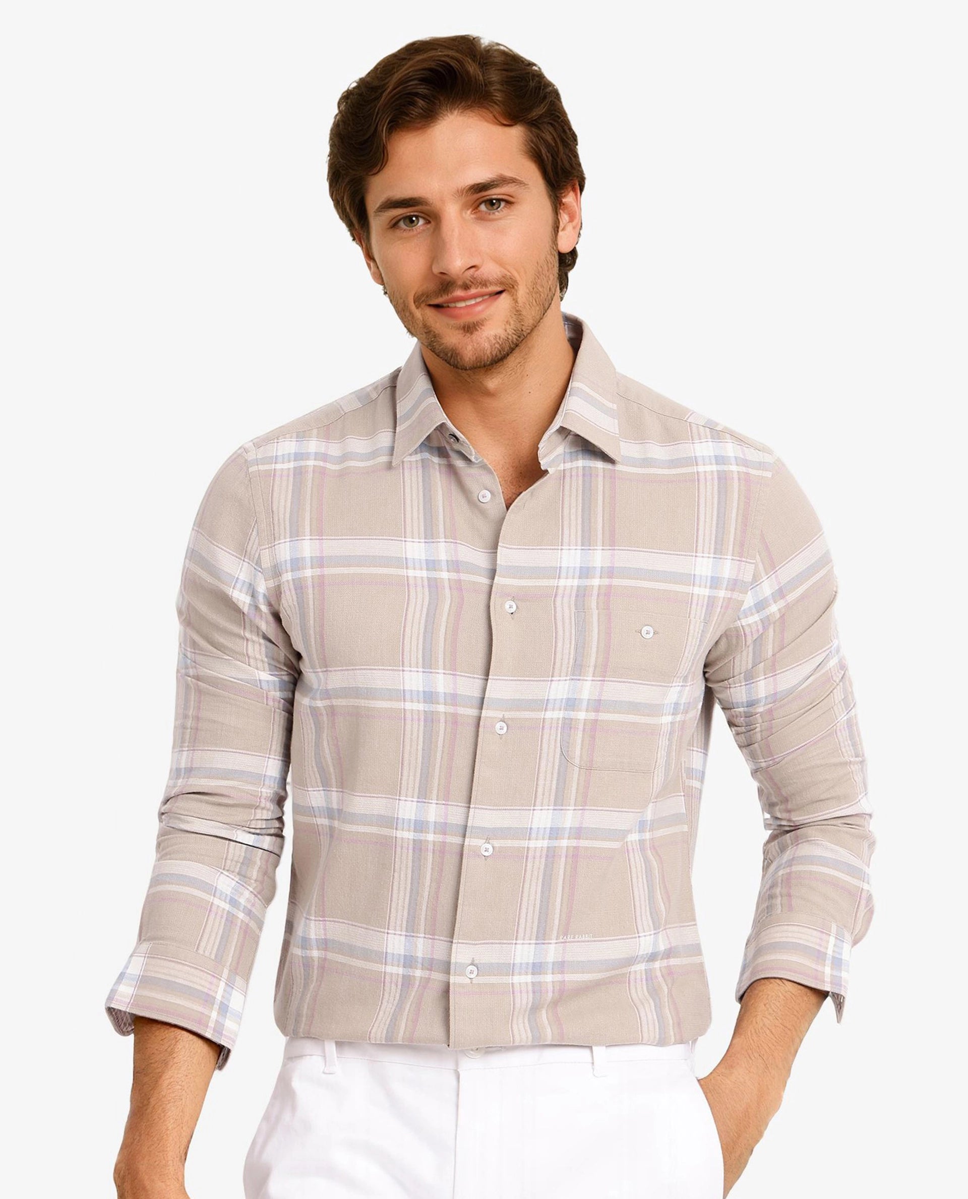 Rare Rabbit Men Davi Beige Cotton Full Sleeve Regular Collar Button Closure Regular Fit Checks Shirt