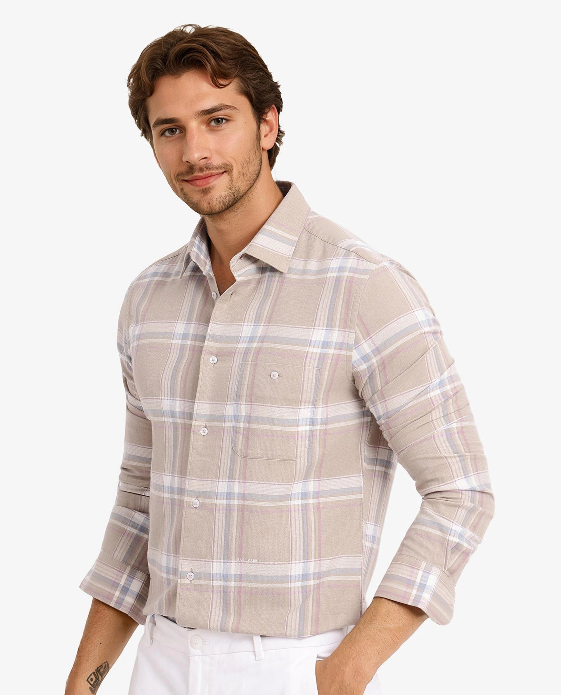 Rare Rabbit Men Davi Beige Cotton Full Sleeve Regular Collar Button Closure Regular Fit Checks Shirt