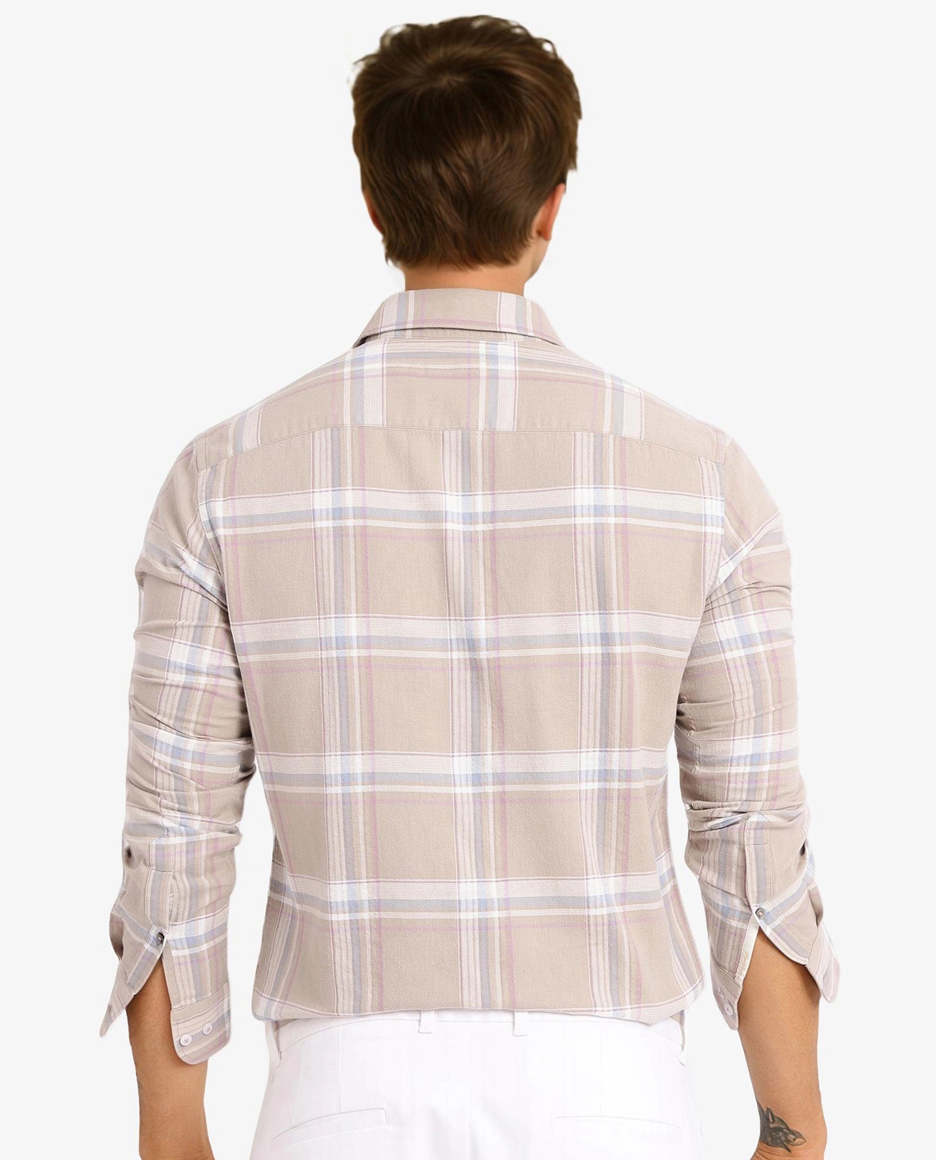 Rare Rabbit Men Davi Beige Cotton Full Sleeve Regular Collar Button Closure Regular Fit Checks Shirt