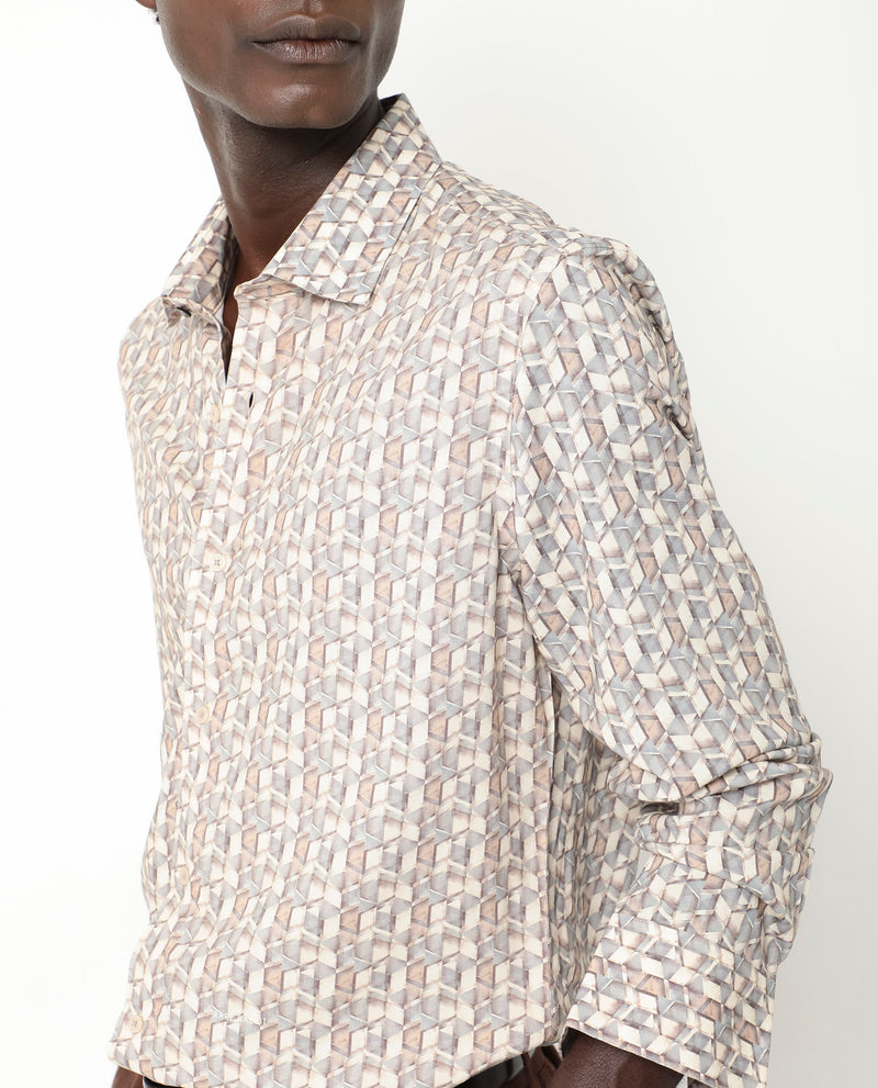 Rare Rabbit Men's Denberg LS Beige Viscose Fabric Full Sleeves Print Regular Fit Shirt