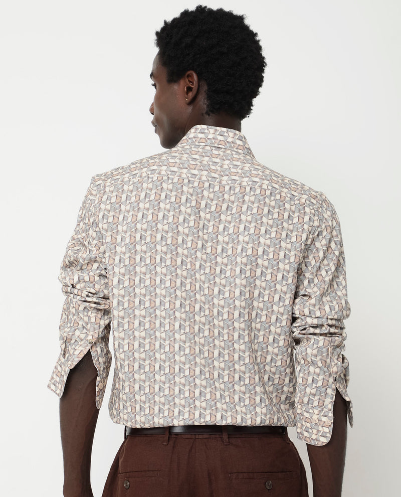 Rare Rabbit Men's Denberg LS Beige Viscose Fabric Full Sleeves Print Regular Fit Shirt