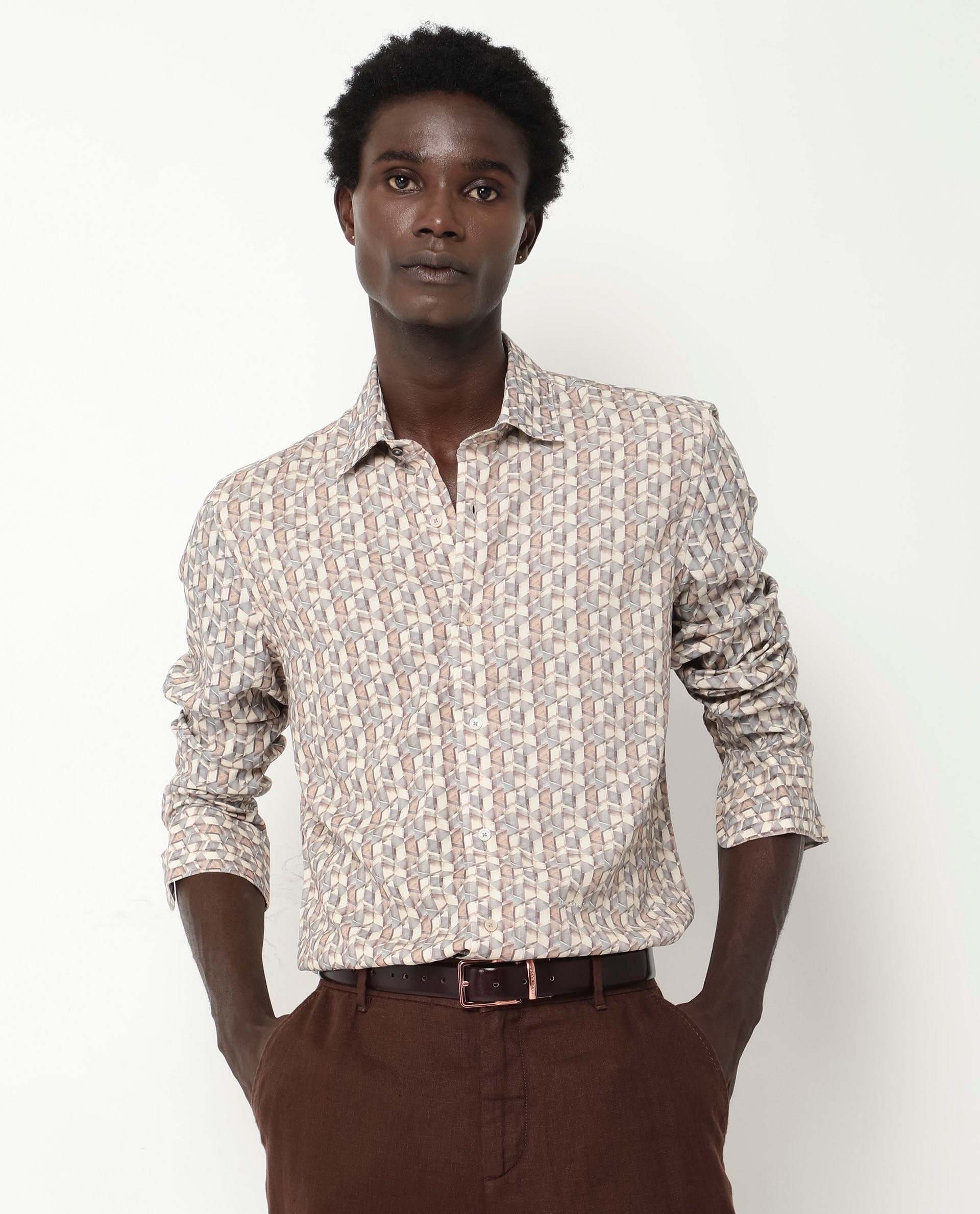 Rare Rabbit Men's Denberg LS Beige Viscose Fabric Full Sleeves Print Regular Fit Shirt