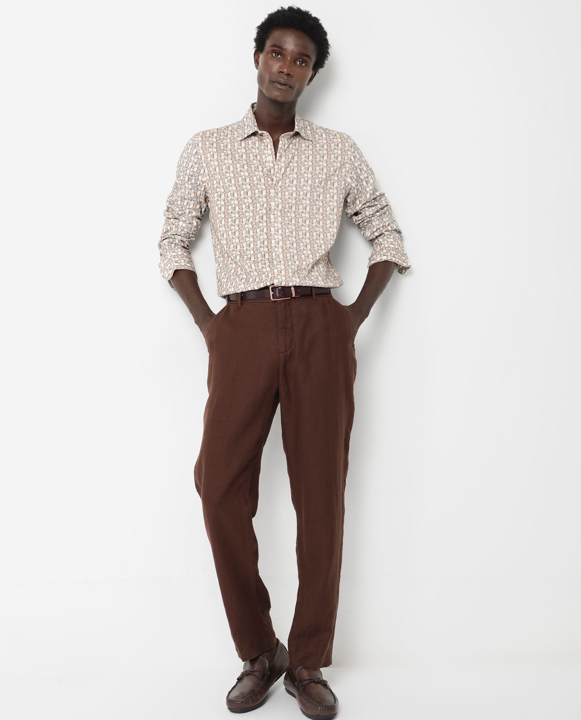 Rare Rabbit Men's Denberg LS Beige Viscose Fabric Full Sleeves Print Regular Fit Shirt