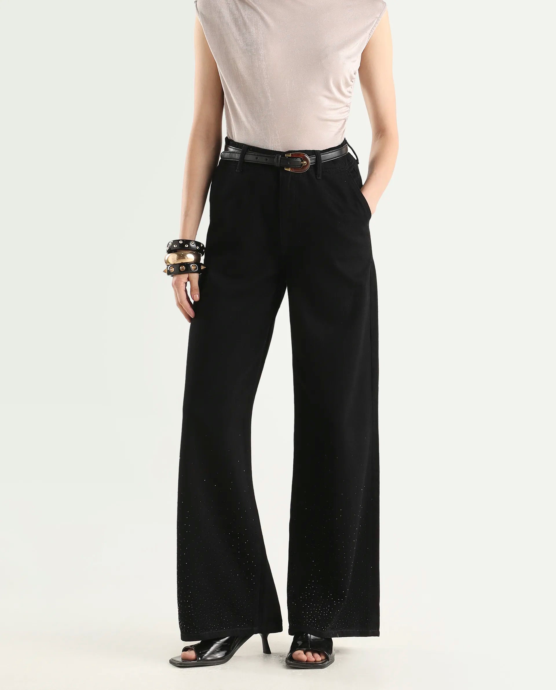 Rareism Women Costa-B Black Cotton Linen Fabric Regular Length Trouser main image 0