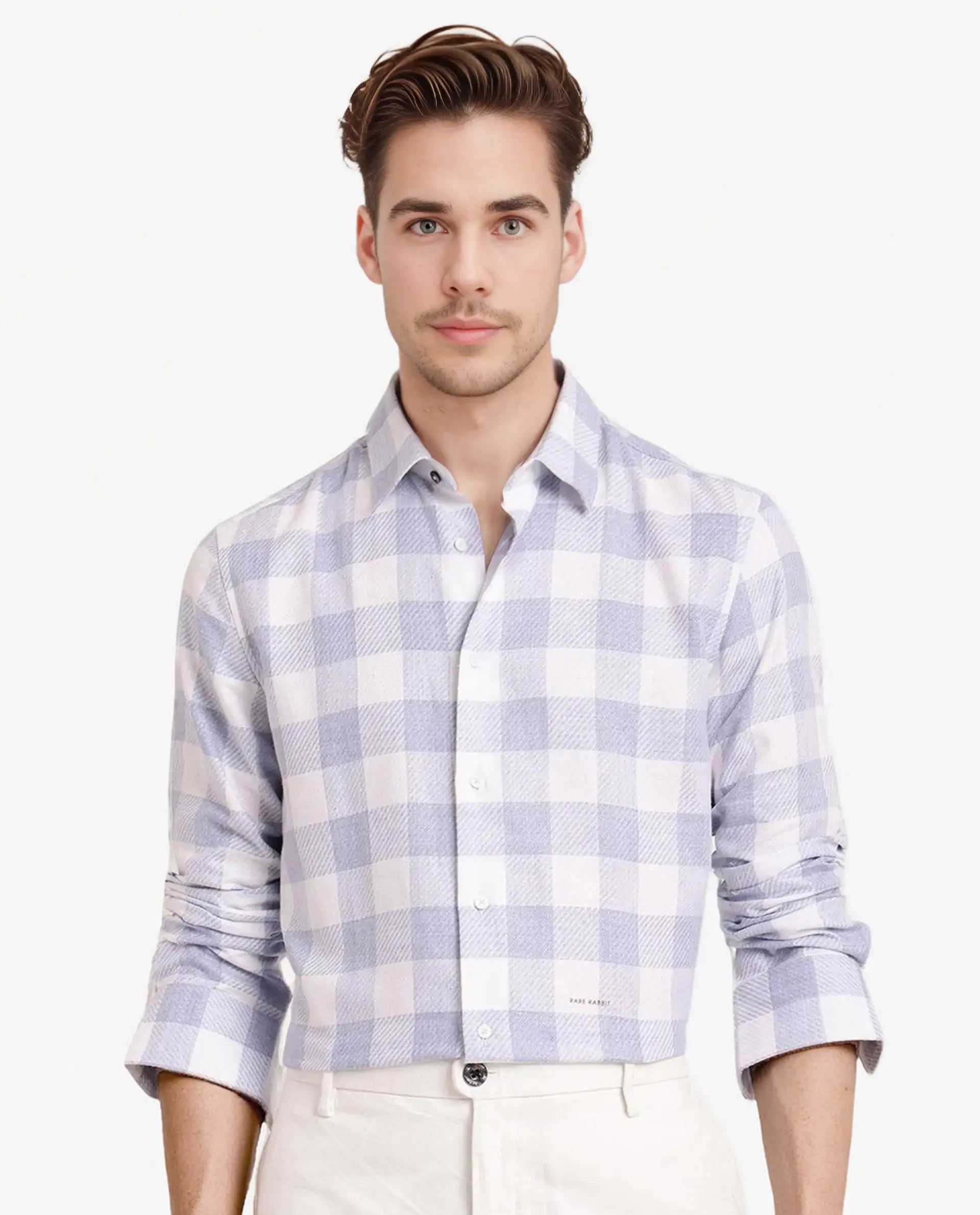 Rare Rabbit Men's Denmark Light Blue Cotton Blend Checked Print Regular Fit Full Sleeve Collared Shirt