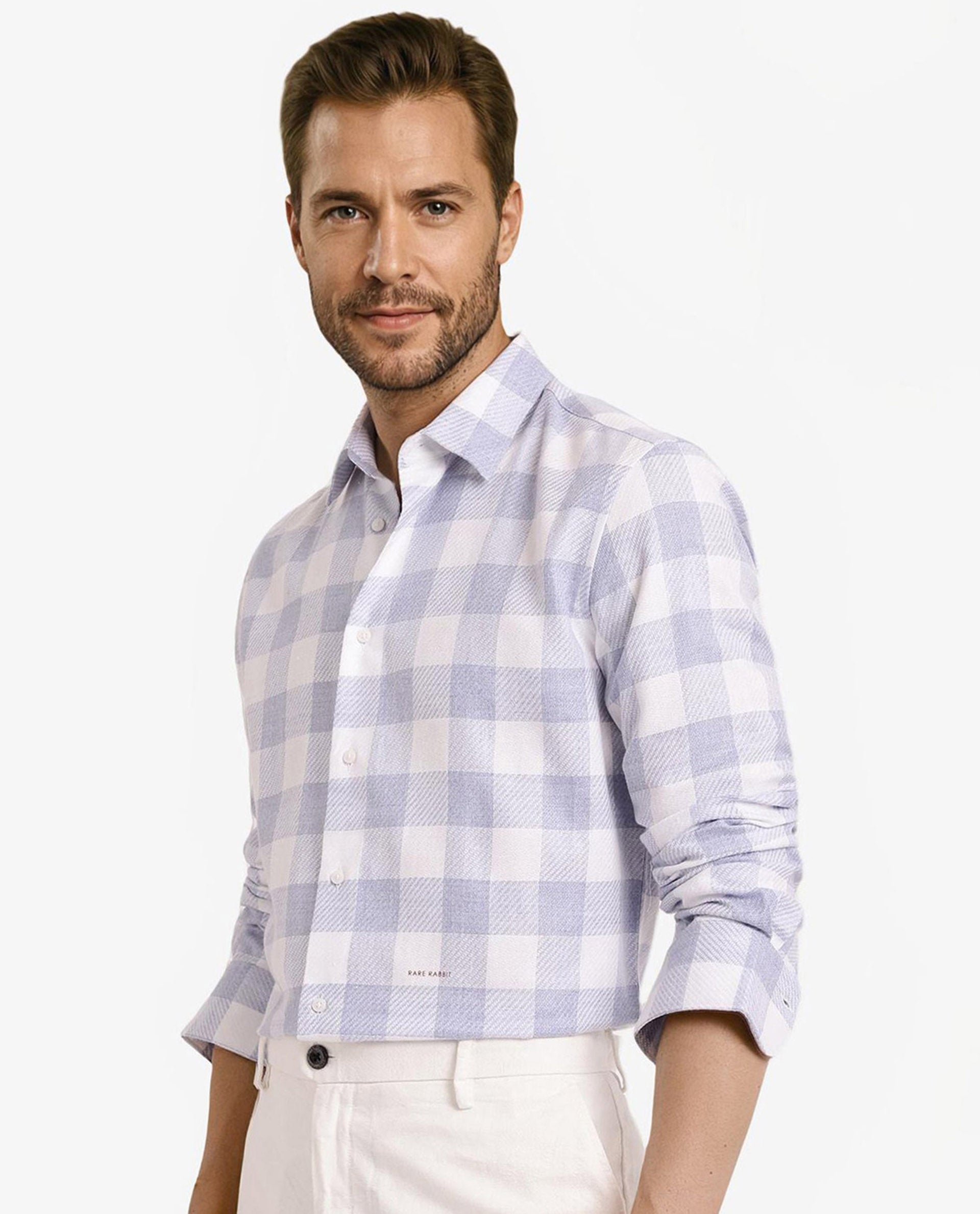 Rare Rabbit Men Denmark Light Blue Cotton Lyocell Fabric Full Sleeve Regular Collar Button Closure Checks Shirt