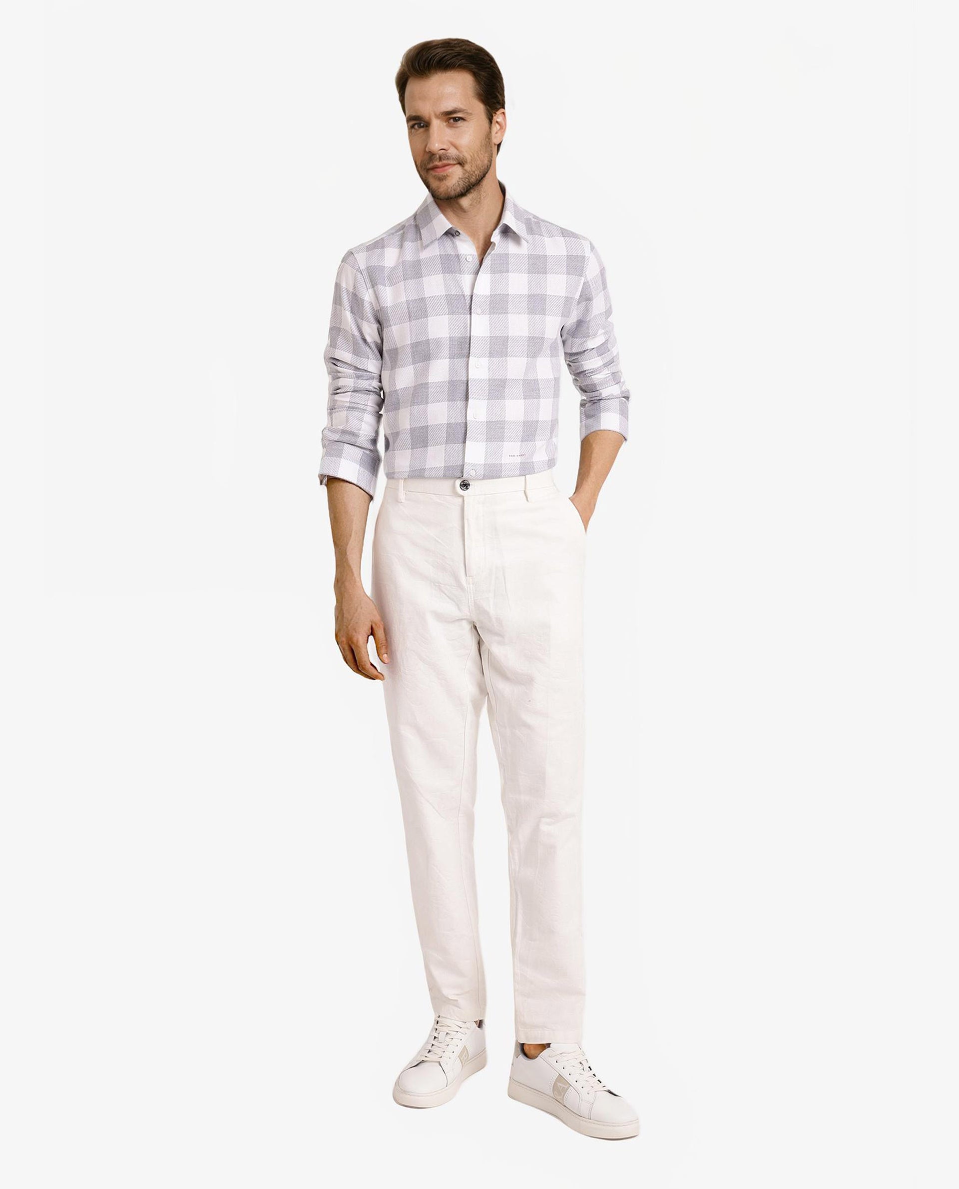 Rare Rabbit Men Denmark Light Grey Cotton Lyocell Fabric Full Sleeve Regular Collar Button Closure Checks Shirt