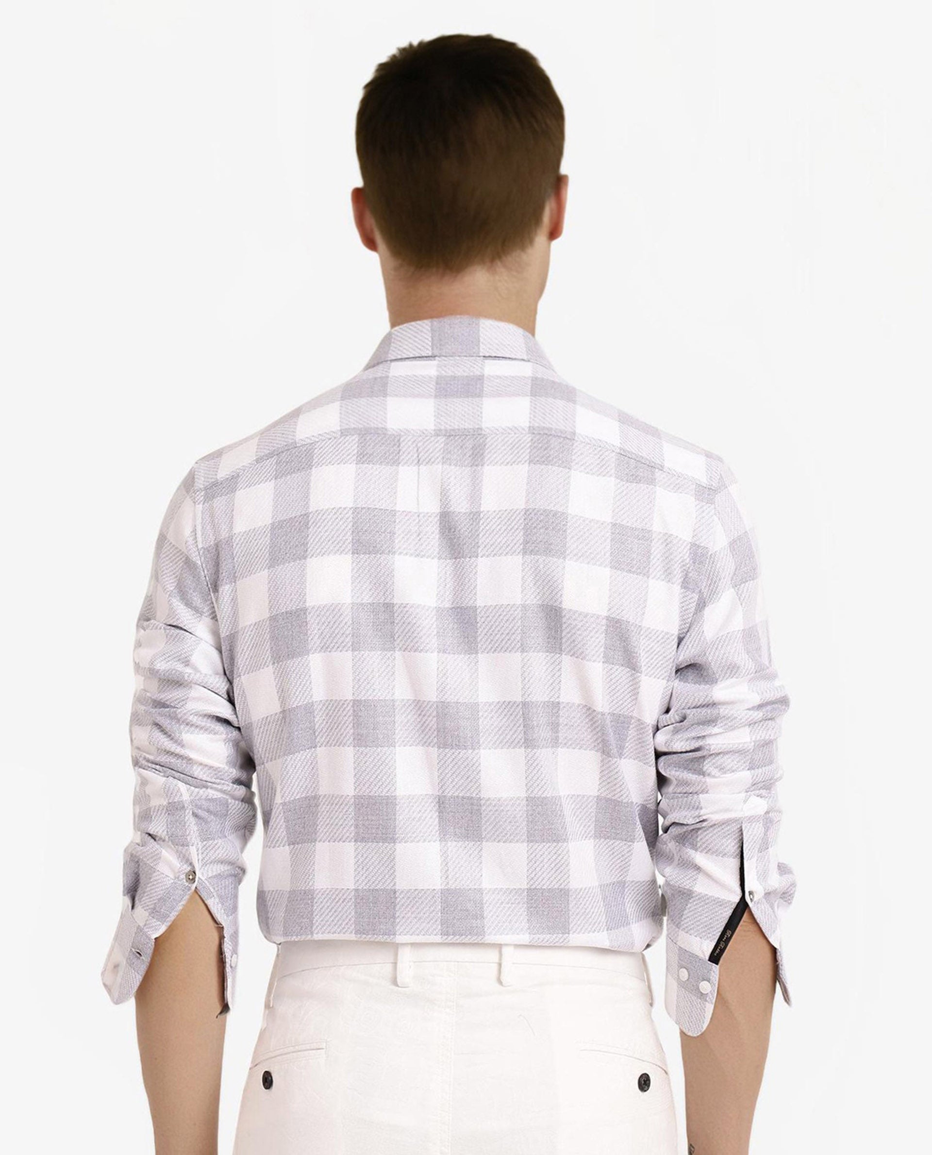 Rare Rabbit Men Denmark Light Grey Cotton Lyocell Fabric Full Sleeve Regular Collar Button Closure Checks Shirt