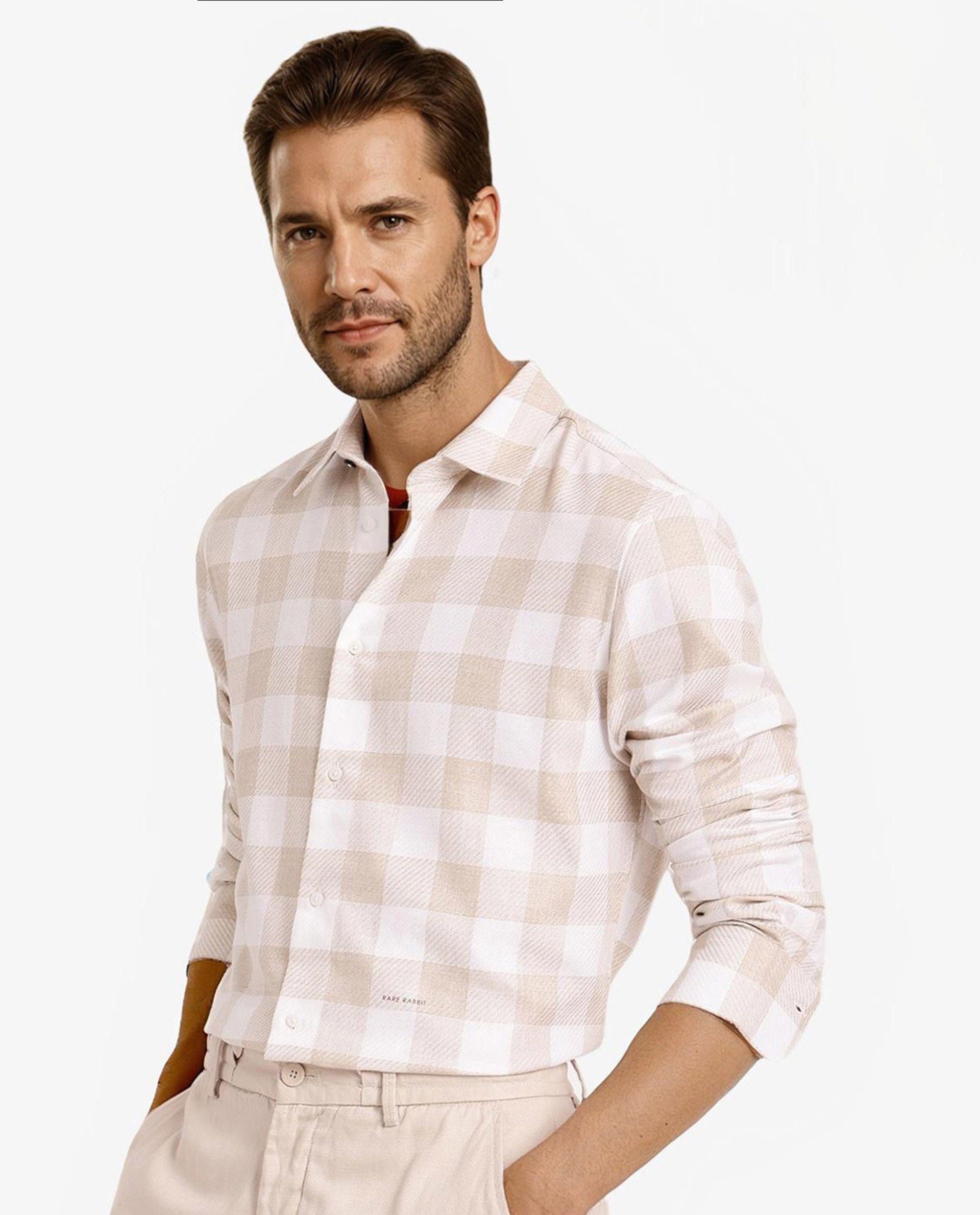 Rare Rabbit Men Denmark Light Olive Cotton Lyocell Fabric Full Sleeve Regular Collar Button Closure Checks Shirt