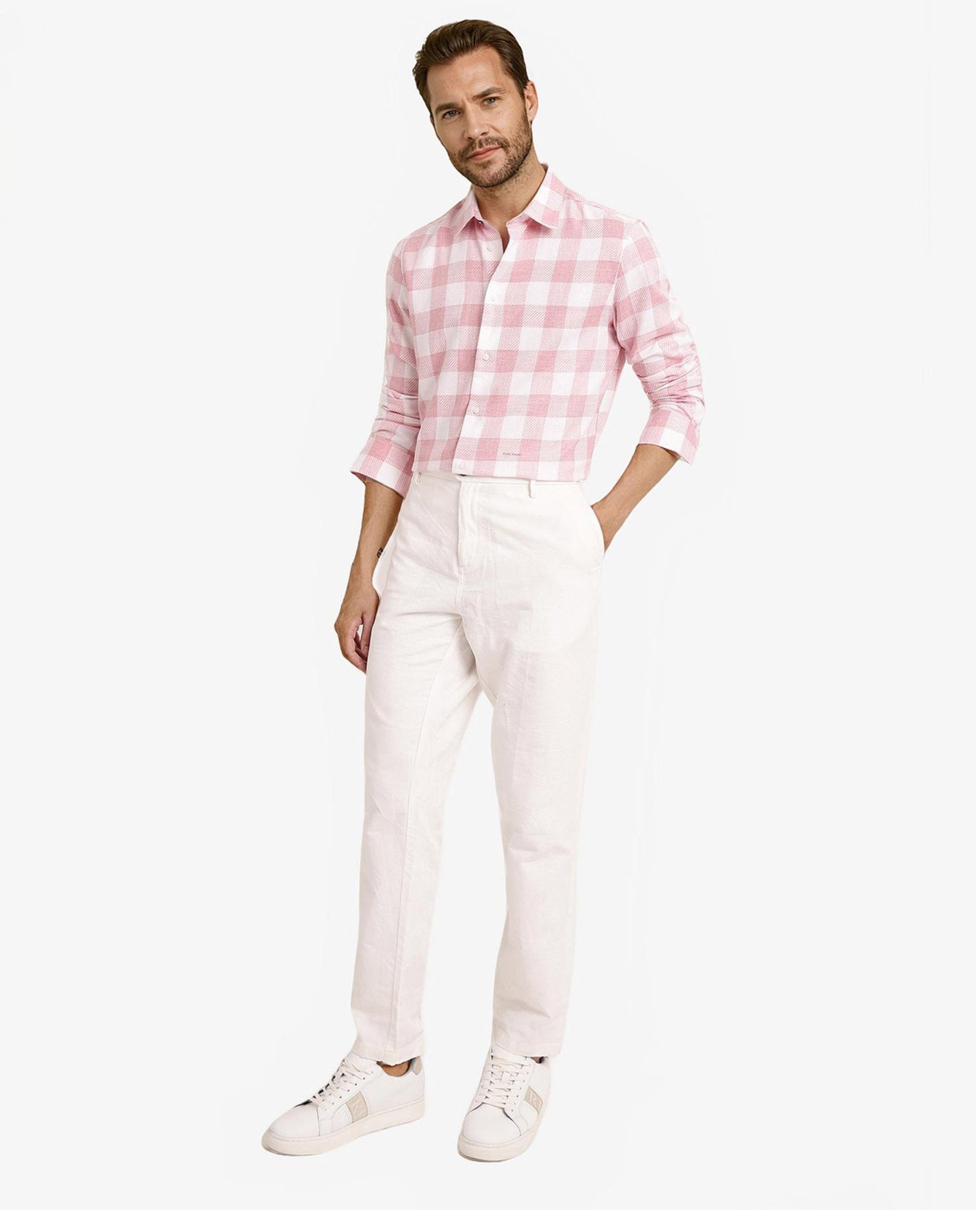 Rare Rabbit Men Denmark Light Pink Cotton Lyocell Fabric Full Sleeve Regular Collar Button Closure Checks Shirt