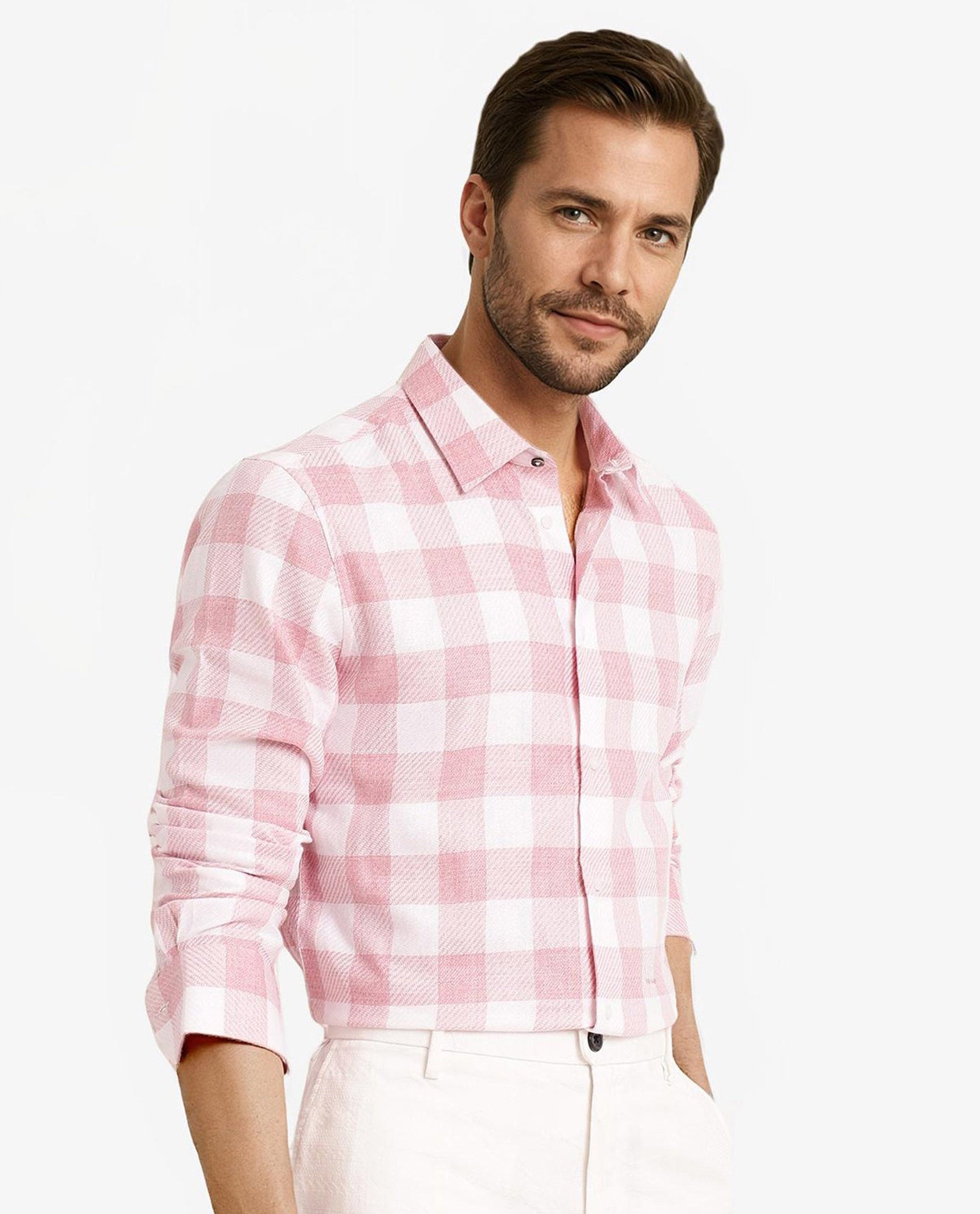 Rare Rabbit Men Denmark Light Pink Cotton Lyocell Fabric Full Sleeve Regular Collar Button Closure Checks Shirt