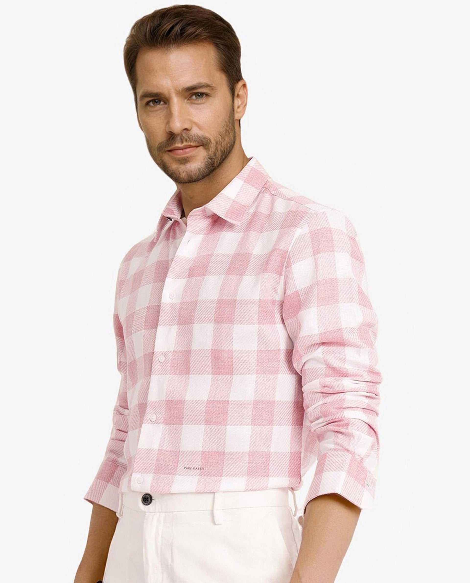 Rare Rabbit Men Denmark Light Pink Cotton Lyocell Fabric Full Sleeve Regular Collar Button Closure Checks Shirt