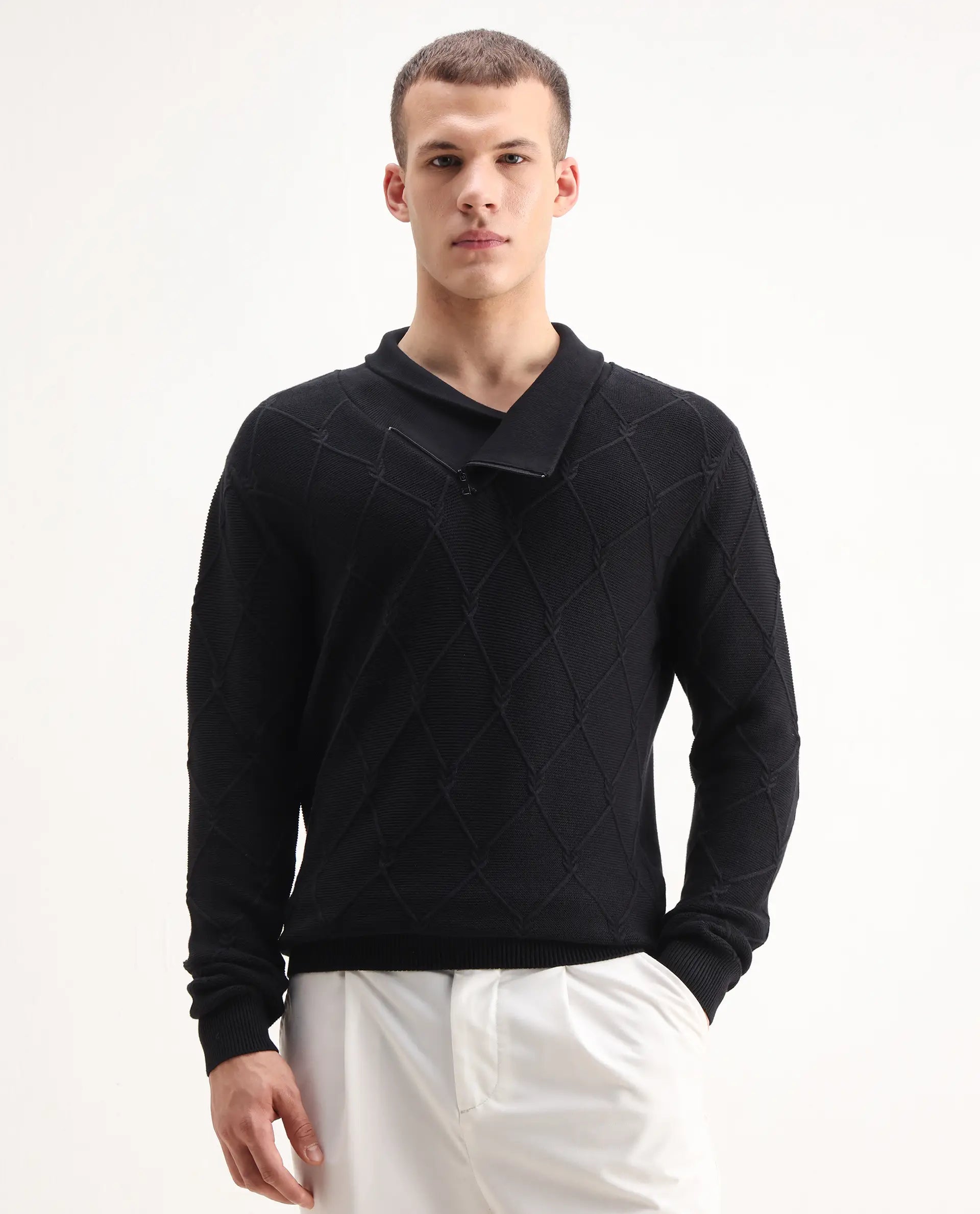 Rare Rabbit Men's Denor Black Cotton Paisley Print Regular Fit Full Sleeve Cowl Neck Sweater