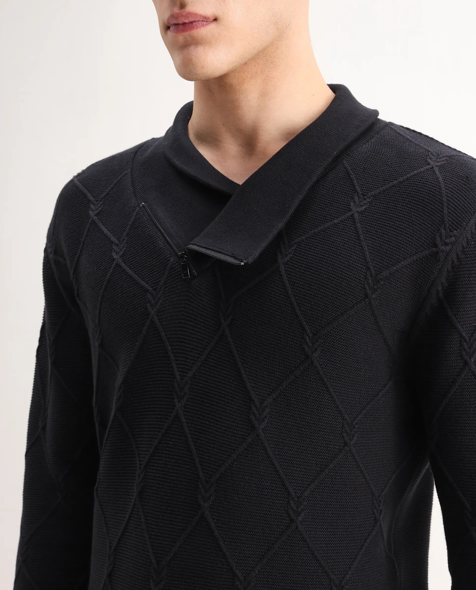 Rare Rabbit Men's Denor Black Cotton Paisley Print Regular Fit Full Sleeve Cowl Neck Sweater