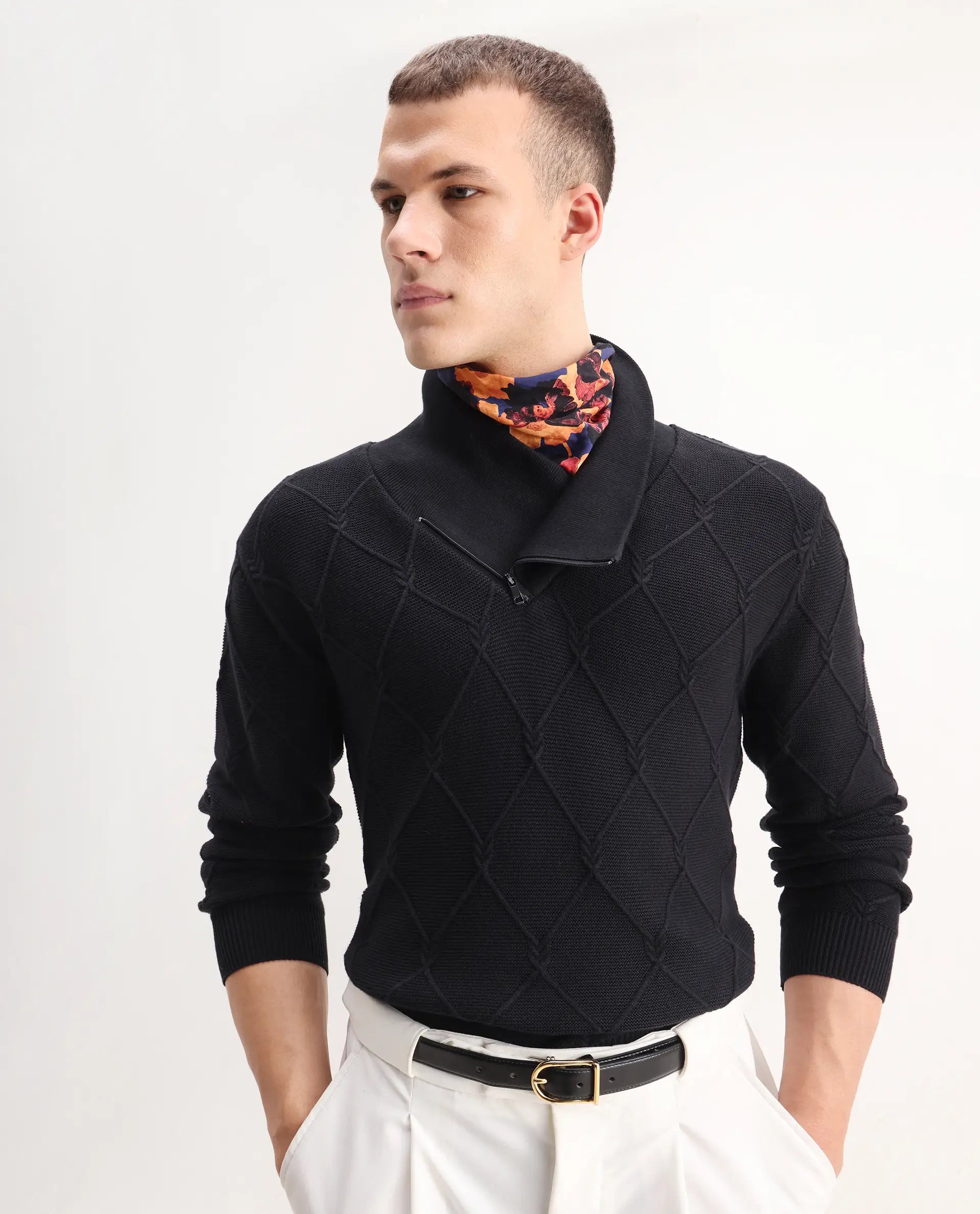 Rare Rabbit Men's Denor Black Cotton Paisley Print Regular Fit Full Sleeve Cowl Neck Sweater