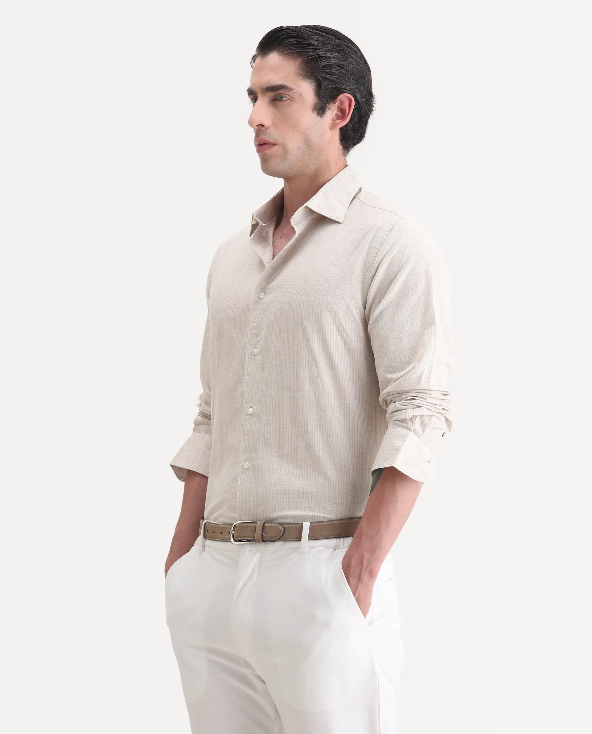 Rare Rabbit Men's Dento Beige Linen Blend Striped Print Regular Fit Full Sleeve Collared Shirt