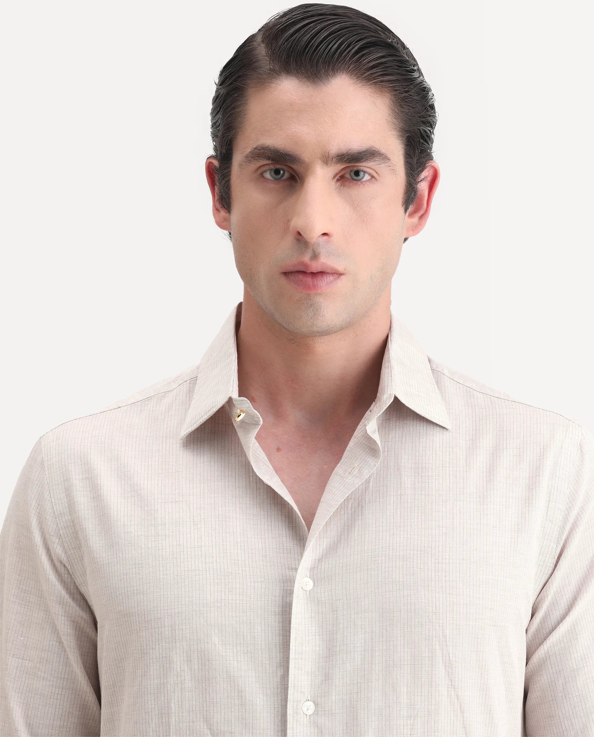 Rare Rabbit Men's Dento Beige Linen Blend Striped Print Regular Fit Full Sleeve Collared Shirt
