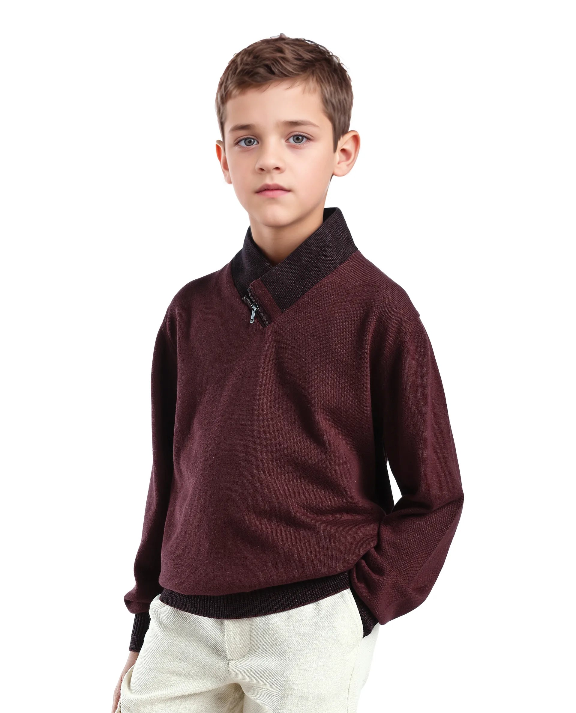Rare Ones Kids Denv-25 Dark Maroon Cotton Solid Zipper Closure Regular Fit Sweater